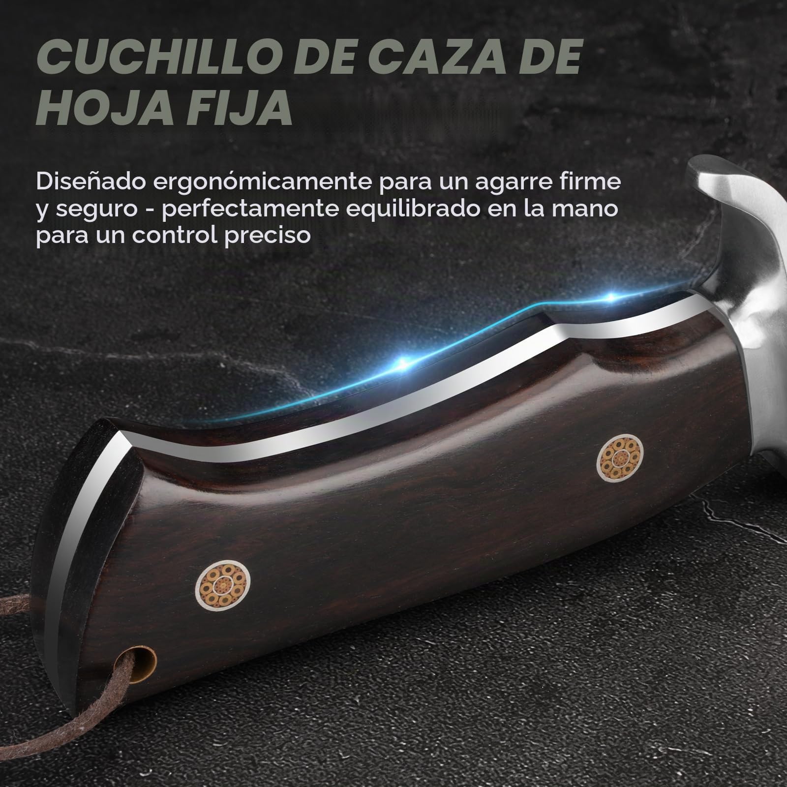 de caza Cuchilla fija P-S-DMSG, 16, 3 cm de longitud de la Acero damazado Cuchillo de cinturón con funda de cuero, mango de madera, cuchillo exterior para el camping
