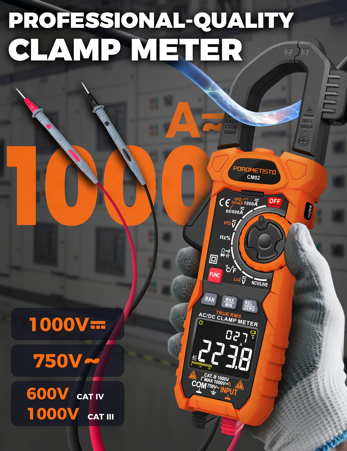Clamp Meter POROMETISTO Digital Inrush Clamp Multimeter 6000 Counts 1000A — Amazon image 2