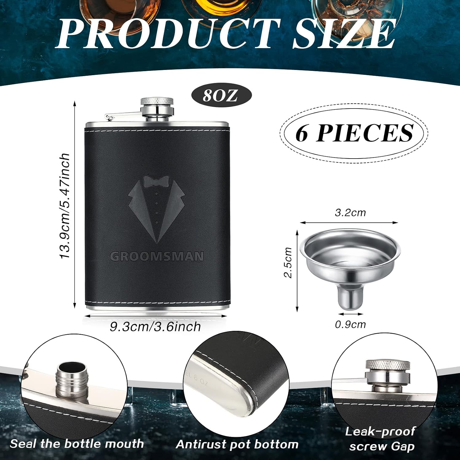 Rtteri Groomsman Gifts Set of 6 8 oz Flask for Men Stainless Steel Tuxedo