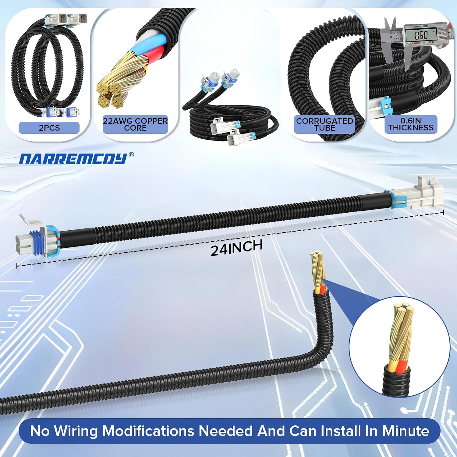 2PCS 24" O2 Sensor Extension Harness - 4 Pin Square Plug o2 Sensor Extender for GM LS1 LS2 LS6 Engines, Fits Corvette C5/C6, GTO, CTS-V, Camaro, Silverado (Front & Rear Sensors)