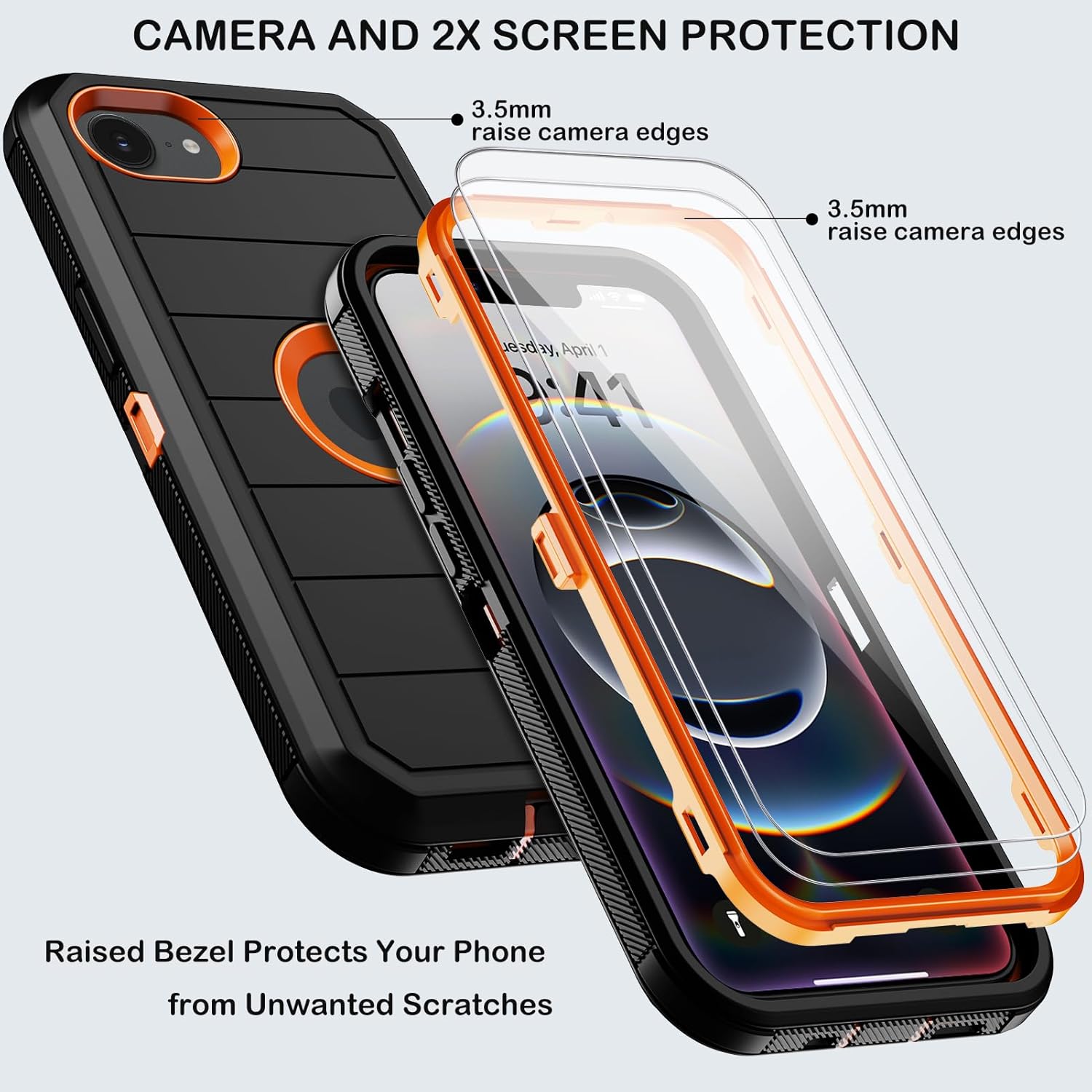 for iPhone 16e Case with Belt Clip Holster,Screen Protector X2,Heavy Duty Shockproof Drop Protection Military Grade 3 Layers Full Covered Rugged Durable Phone Cover for Apple 16e (Black Orange) - Image 2