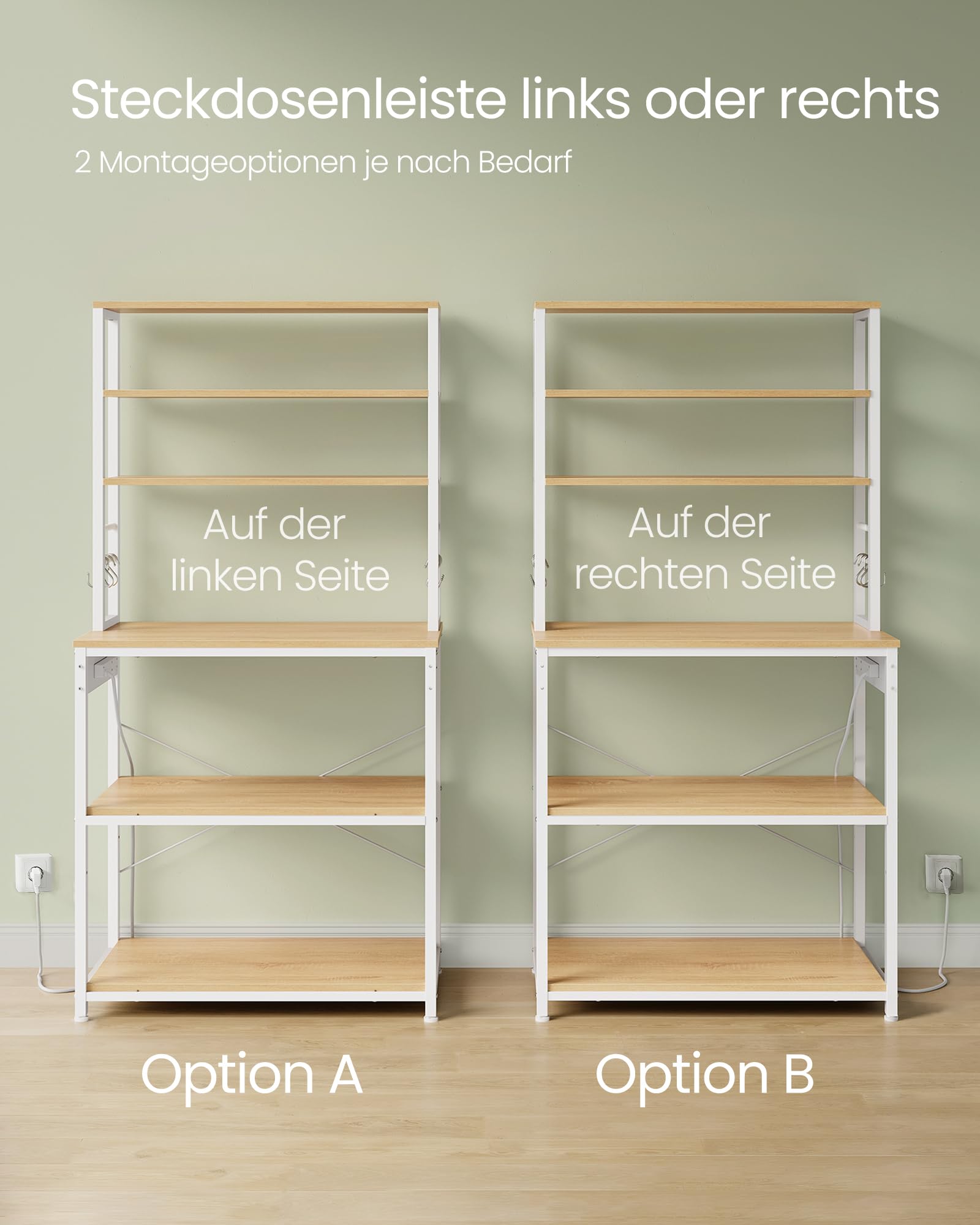 VASAGLE Küchenregal mit Steckdosen, Standregal für Küche, Mikrowellen-Regal, 6 Regalebenen, 6 Haken, Stahlrahmen, 40 x 80 x 167 cm, goldeichenfarben-wolkenweiß KKS119Y02