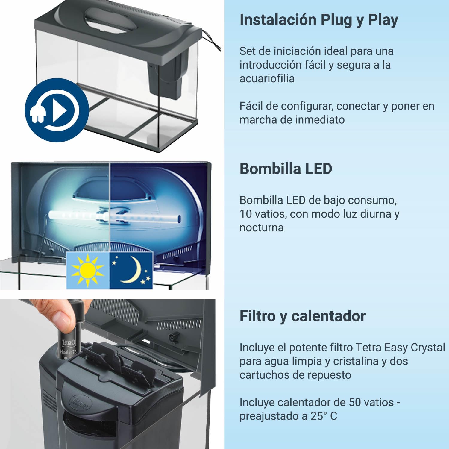 Tetra Starter Line LED 80L Acuario de Inicio Blanco, Bombilla LED con Modo luz Diurna/Nocturna