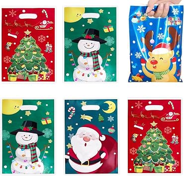 100 Pcs Christmas Gift Bags with Handles,Christmas Tree Goodies Bags Bulk for Shopping,Plastic Xmas Tote Bags,4 Styles Treat Bags for Presents, Candy, Cookies, Party Favors