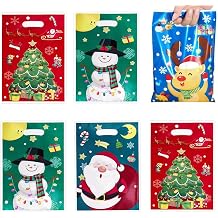 100 Pcs Christmas Gift Bags with Handles,Christmas Tree Goodies Bags Bulk for Shopping,Plastic Xmas Tote Bags,4 Styles Treat Bags for Presents, Candy, Cookies, Party Favors