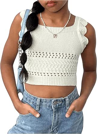 Amazon.com: Floerns Girl's Ruffle Straps Knitted Pullover Square Neck ...