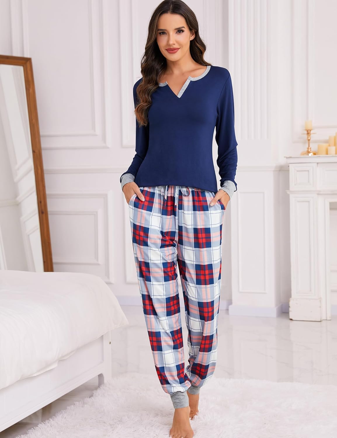 YOZLY Women Christmas Pajamas Buffalo Plaid Pajama Pants Long Sleeve Sleepwear with Pockets S-XXL - Image 2