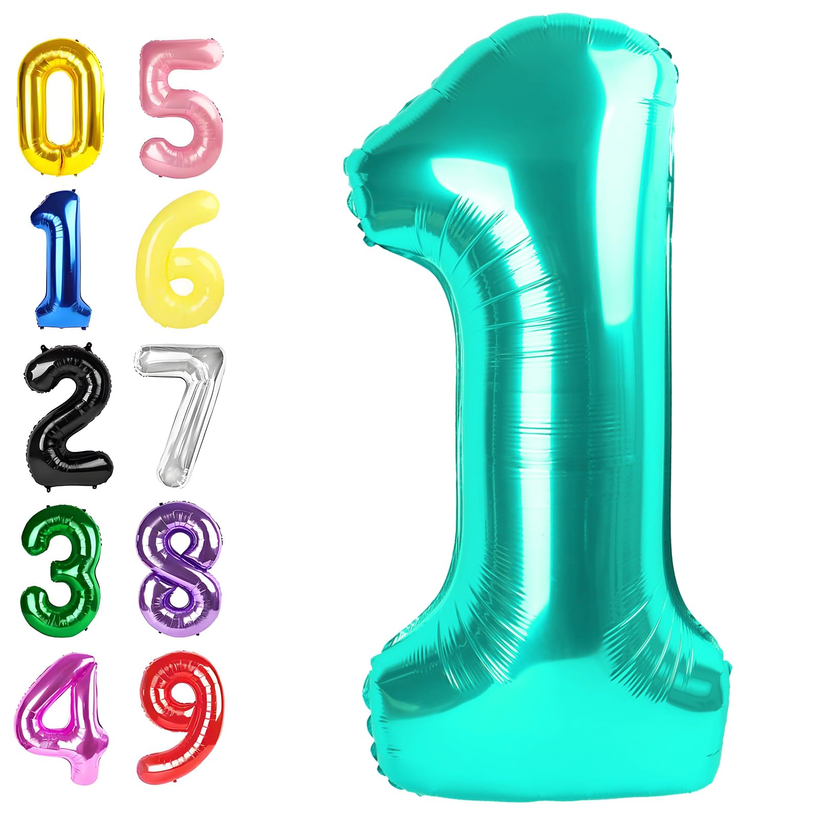 1 Balloon Number, 40 Inch Blue-Green Balloons for Birthday Party Decoration, Foil Number Ballon for 1, 10, 11, 12, 13, 21, 100 Celebration, Boy and Girl Birthday, Baby Shower, Anniversary Decor
