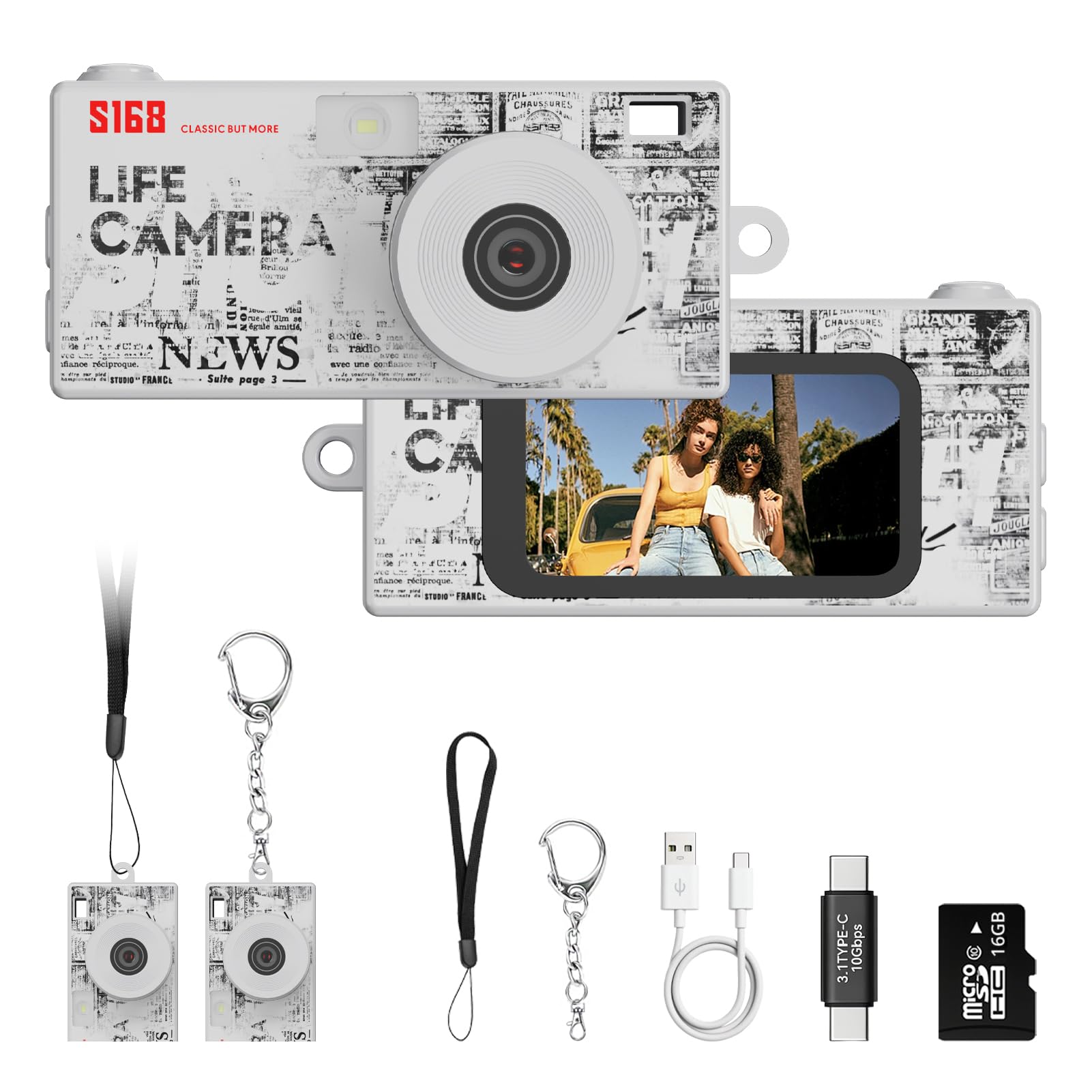 Dienspeak Mini Keychain Digital Camera, Y2K Retro Pocket Camera with 1.47 Inch Screen, 1440P Video, 2MP Photos, 16GB Card, Flash, Type C, Tiny Vintage Camcorder for Kids Teens Travel Vlog (White)