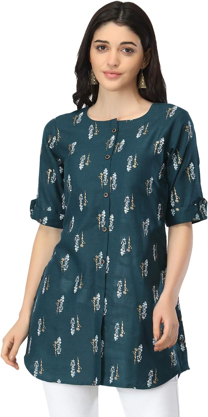 OM SAI LATEST CREATION Slub Rayon Fully Stitched Anarkali Foil Print Kurti for Women & Girls on Jeans Palazzo or Skirt (Plus Size Upto 2XL) (Black)