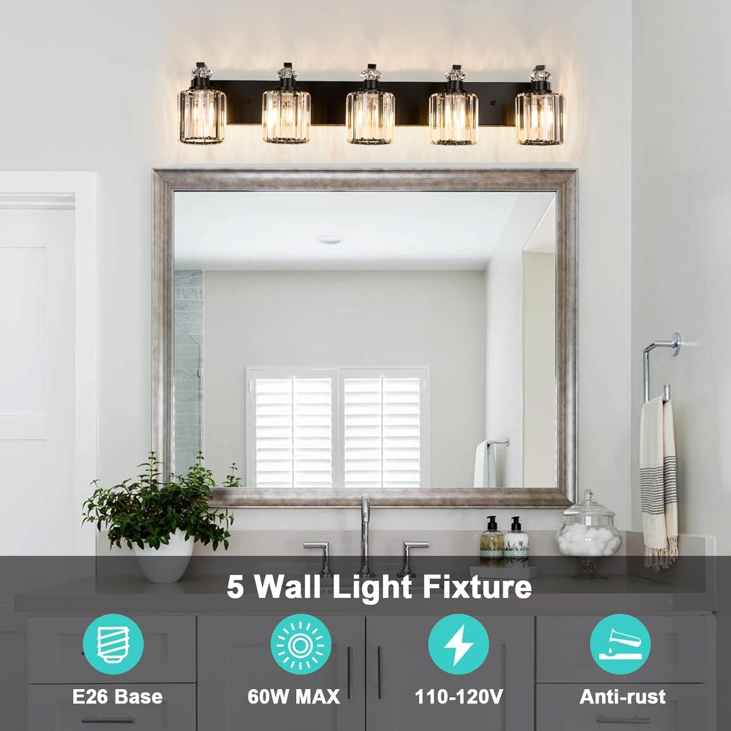 Black Bathroom Light Fixtures with K9 Crystal Lampshade Bathroom Lighting Over Mirror Vanity Lights for Living Room,Bedroom,Restroom,Hallway 5 Lights