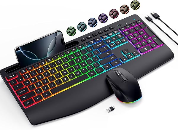Wireless Keyboard and Mouse Combo- VEILZOR 2.4G Rechargeable Keyboard with Phone Holder, Ergonomic Wrist Rest, 9 RGB Bac