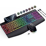 Wireless Keyboard and Mouse Combo- VEILZOR 2.4G Rechargeable Keyboard with Phone Holder, Ergonomic Wrist Rest, 9 RGB Backlit Effects, Silent Keyboard Mouse Set for Windows, Laptop, PC Black