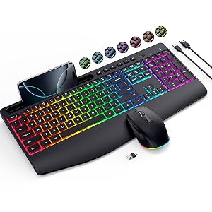 Wireless Keyboard and Mouse Combo- VEILZOR 2 4G Rechargeable Keyboard with Phone Holder Ergonomic Wrist Rest 9 RGB