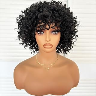 Charming cascade Short Curly Afro Wigs for Black Women 6 Inch Natural Black Big Bouncy Kinky Curly Bob Wig with Bangs Synthetic Loose Curls Full Hair Wig Heat Resistant