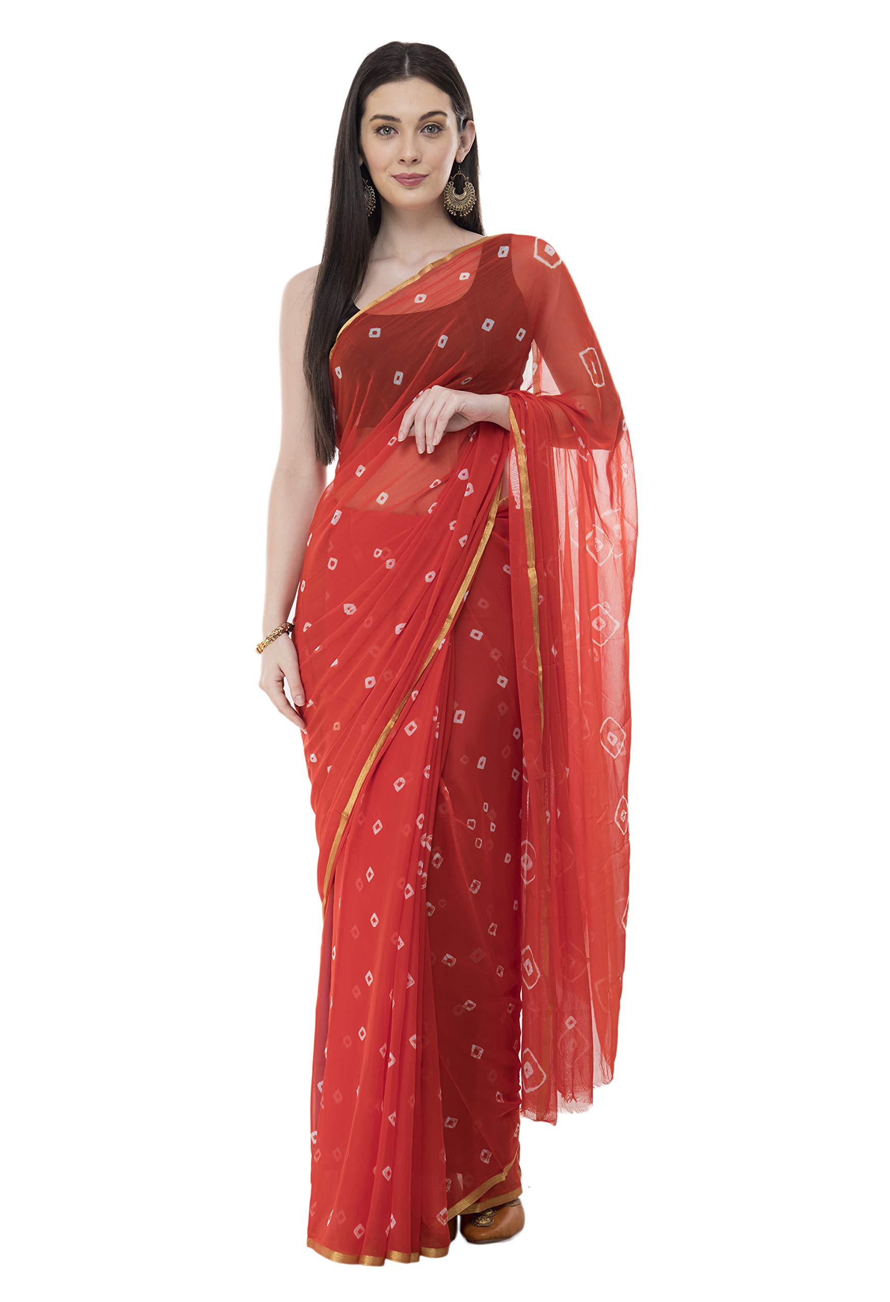 Bunny CreationWomen's Plain Weave Chiffon Saree With Unstitched Blouse Piece (14_Orange)
