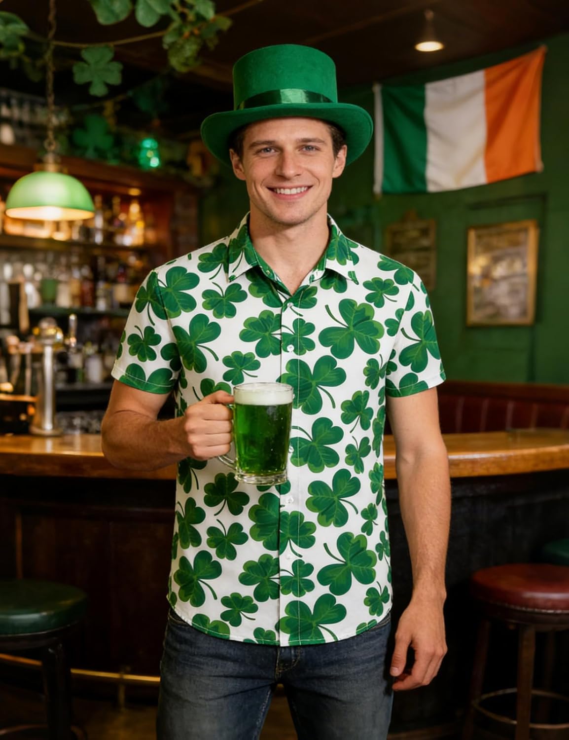 LINOCOUTON Men's St Patrick's Day Shamrock Printed Button Down Shirt - Image 2