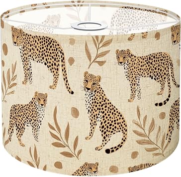 Drum Lamp Shade Leopard Print Unique Funky Cheetah Yellow Botanical Elements Leaves Lampshade 8.9"x11"x11" for Table Lamps Floor Lamps Pendant Light Replacement Linen Lamp Shade Assembly Required