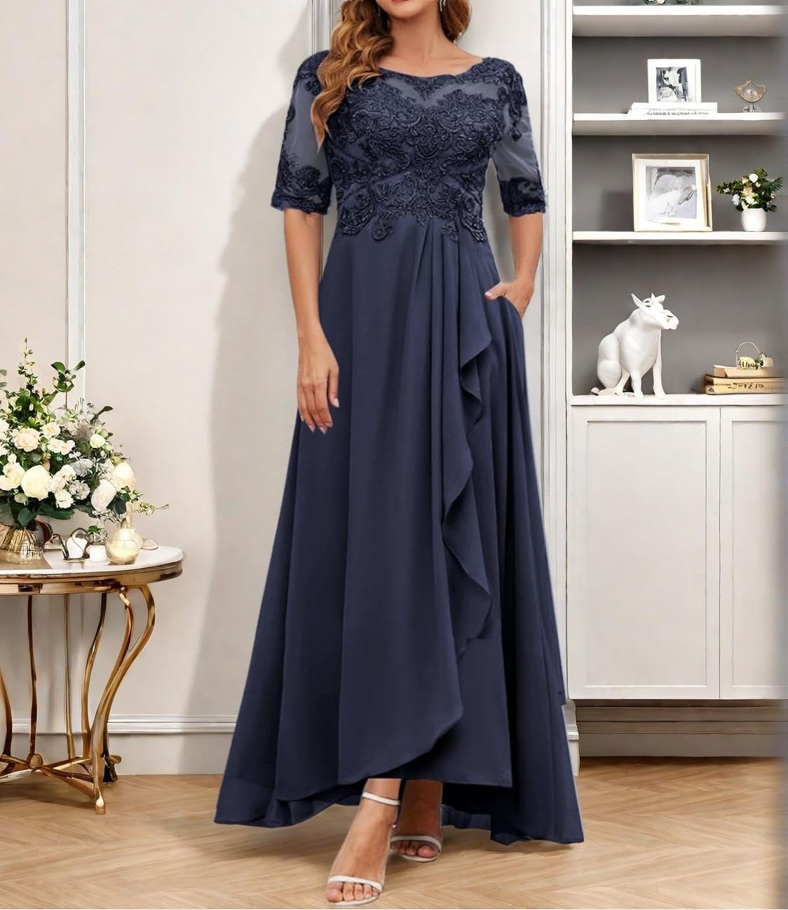 Size L Women's Half Sleeves Mother of The Bride Dresses for Wedding Lace Appliques Ruffled Chiffon Formal Evening Gowns