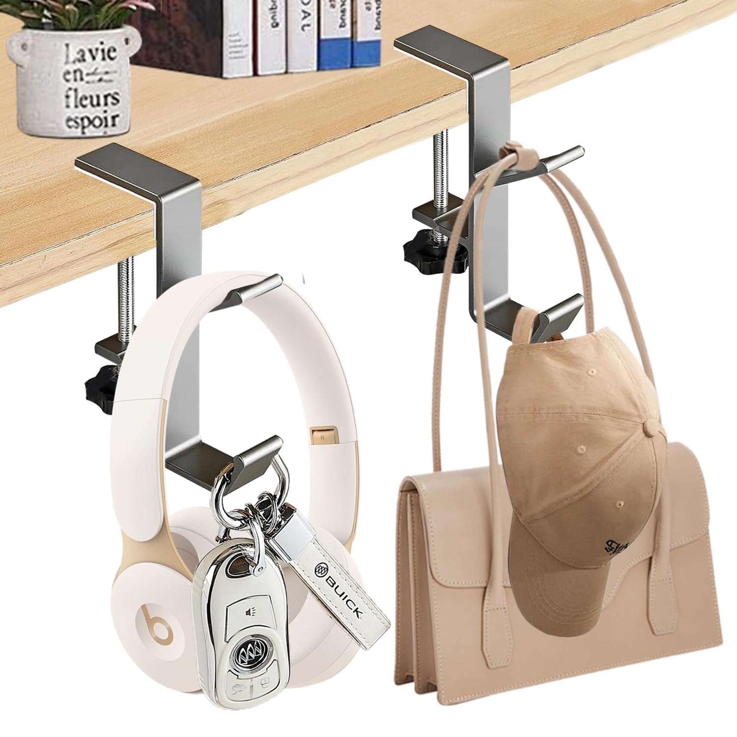 Rxkfigx Grey Headphone Hanger With Double Hooks Adjustable Desk Edge Hook Desk Clamp Bag Hook Metal Headphone Hook Under Desk Hanger Holder For Reduce Desk Clutter Table Desk Table Hanging Storage