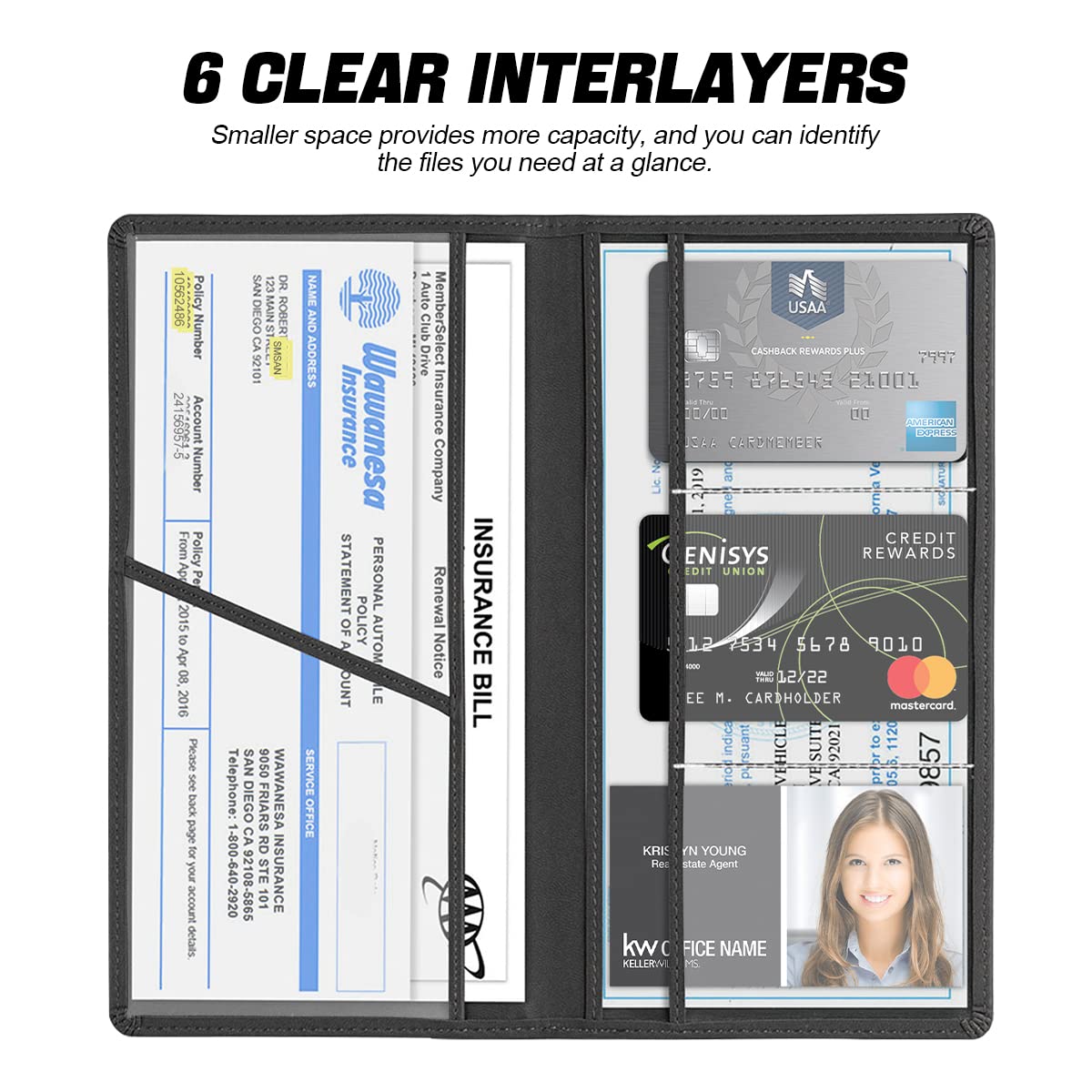 JNNJ Funda protectora para guantera y soporte de documentos, autorización de coche, piel sintética, organizador para documentos importantes (negro)