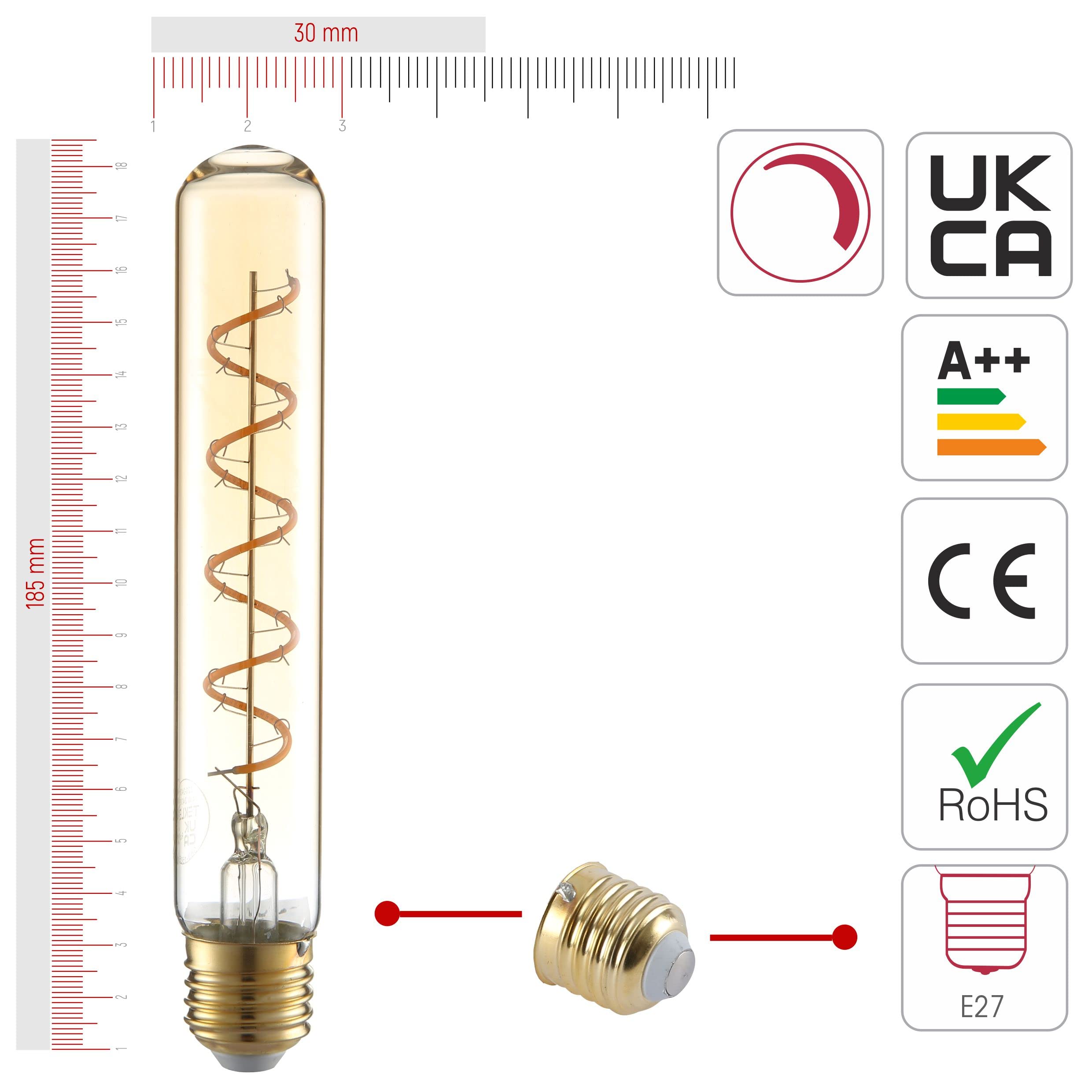 TEKLED® T30 Filament Vintage DIMMABLE LED Bulbs, Dimmable - 185mm - Warm White, 4 Count (Pack of 1) - Image 2