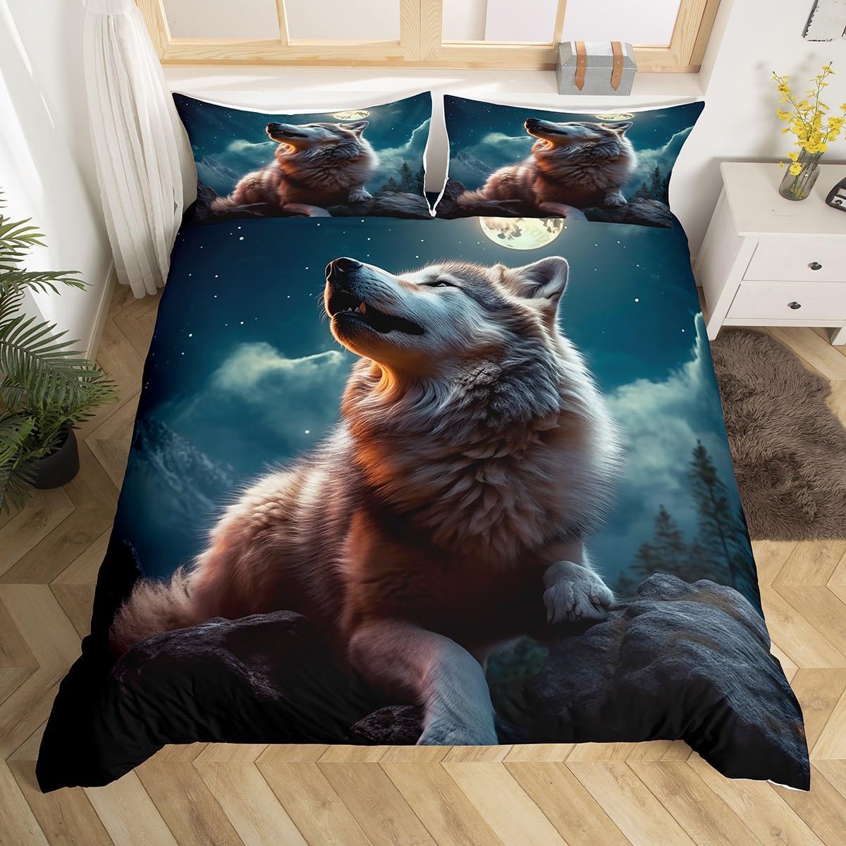 Feelyou Wolf Bedding Set Twin Size, Wolf Animal Duvet Cover Kids Boys Girls Wild Wolf Comforter Cover Kids Wolf Bedspread Cover Soft Quilt Cover 2Pcs(No Comforter)