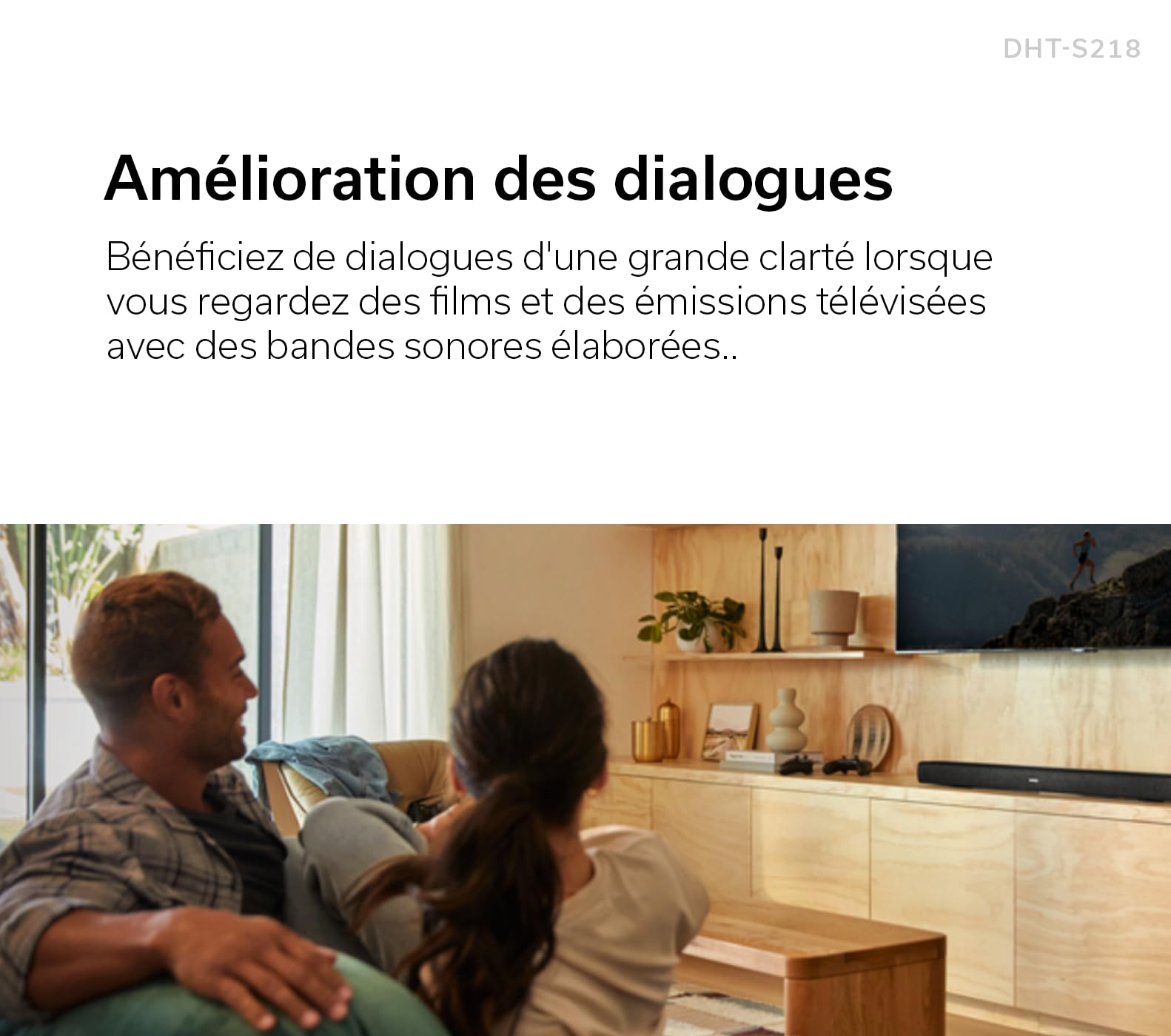 Denon DHT-S218, Barre de Son TV, Dolby Atmos, Pleine Bande Passante, Dialog Enhancer, HDMI 4K avec eARC - Noir