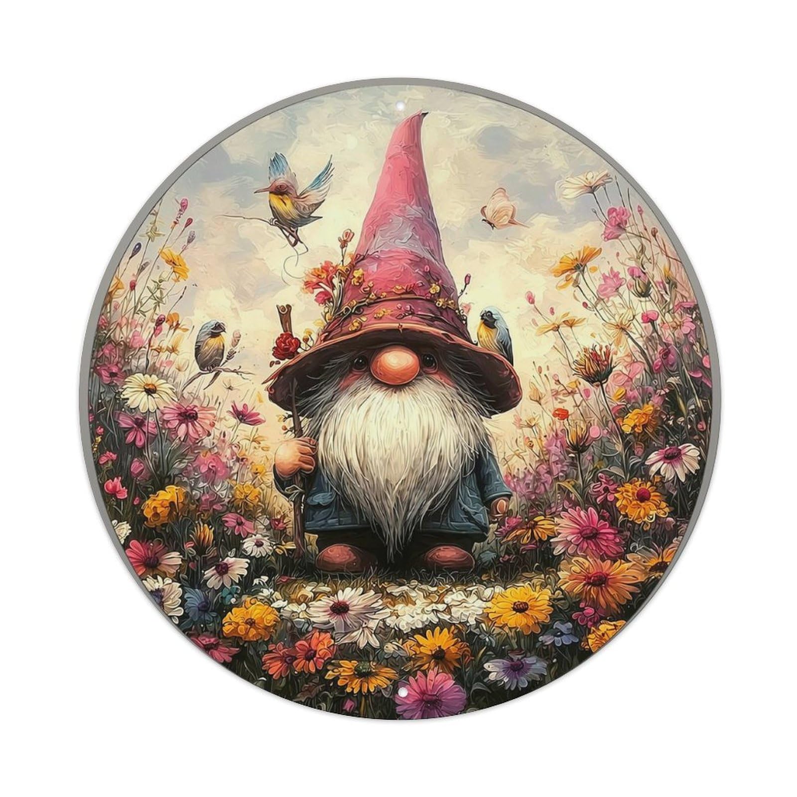 Gnome In Flower Garden Scene Vintage Metal Tin Sign Retro Wall Decor for Home Bar Garage Cafe, Indoor & Outdoor Decorative，circle Metal Poster, 8x8 Inch