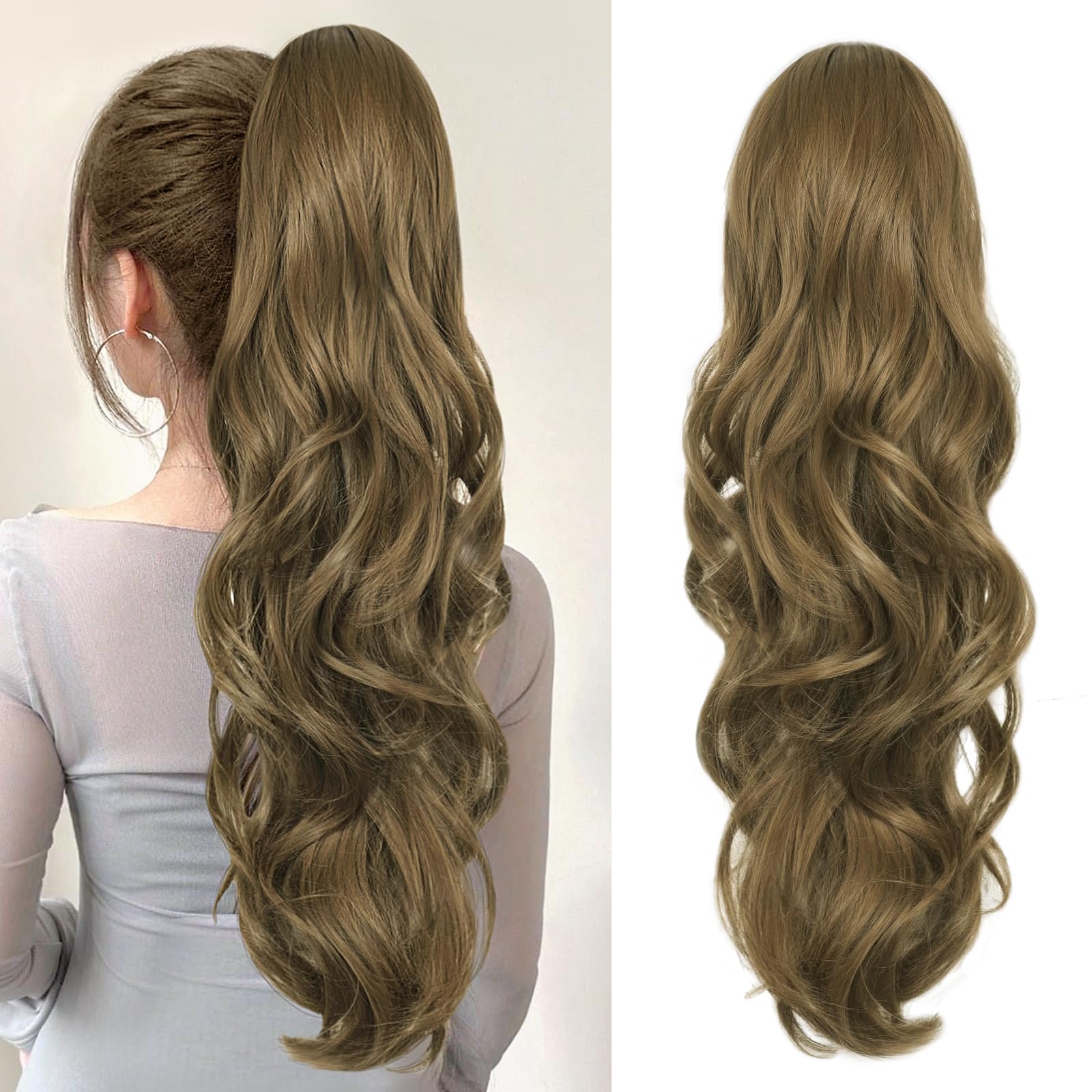 CHRSHN Ponytail Extension, Drawstring Ponytail Extension for Women 26 Inch Long Wavy Brown Pony Tails Hair Extensions Synthetic Clip in Ponytail