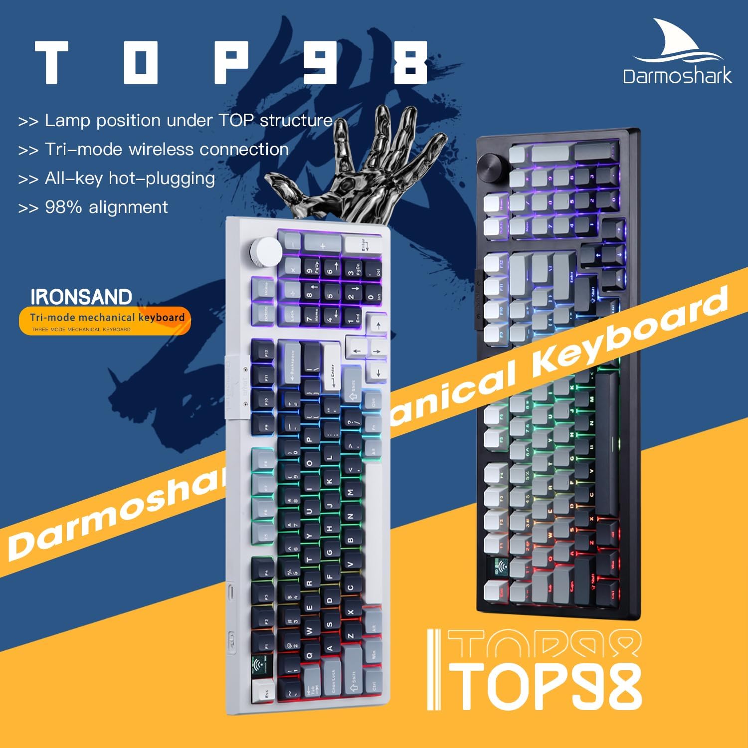 Darmoshark TOP98 keyboard with 'TOP98' branding and key features highlighted.