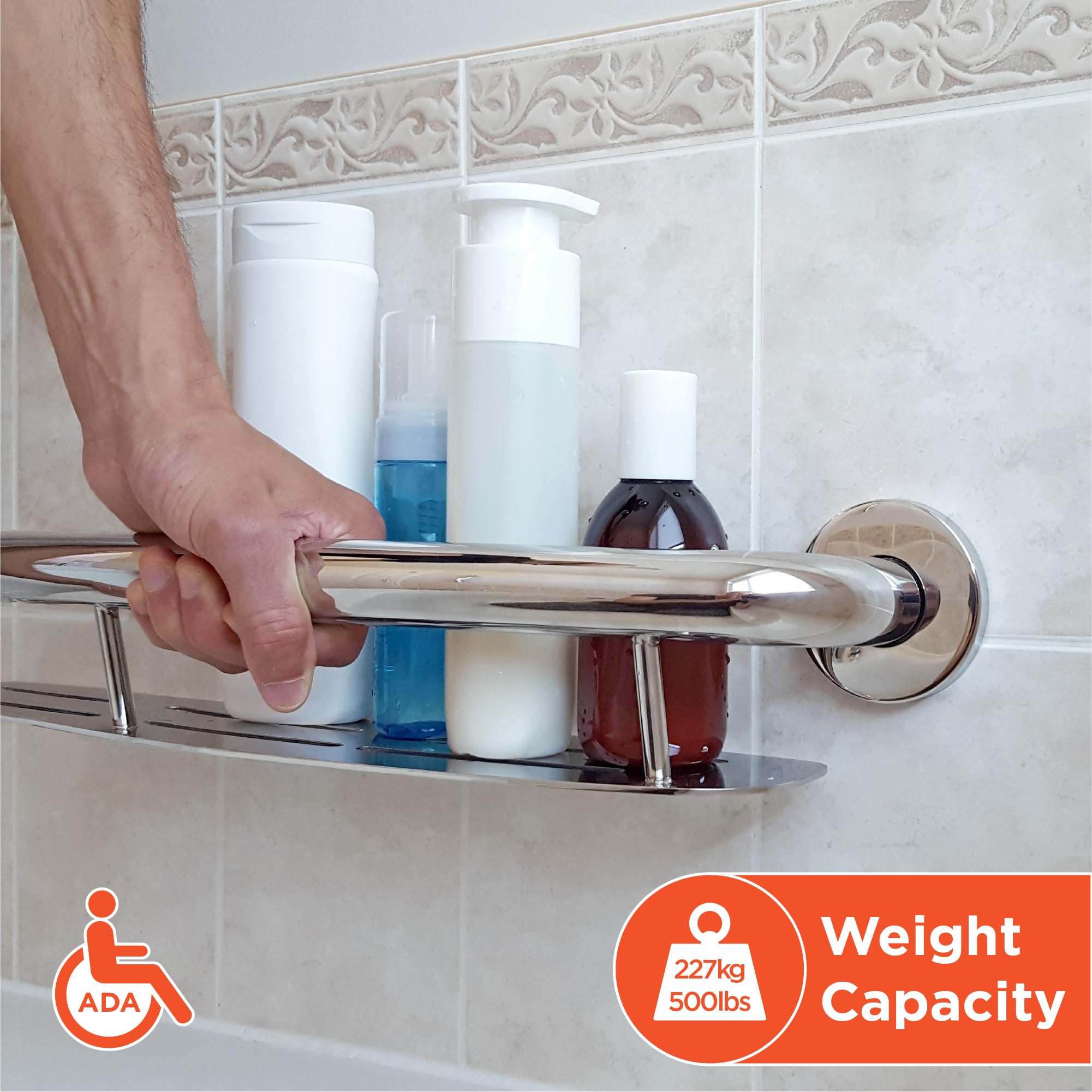 HEALTHCRAFT Plus - Estante para champú y barra de agarre de 24 pulgadas, seguridad ADA - cromo pulido | Estante de champú integrado, tornillos ocultos, no necesita estante separado