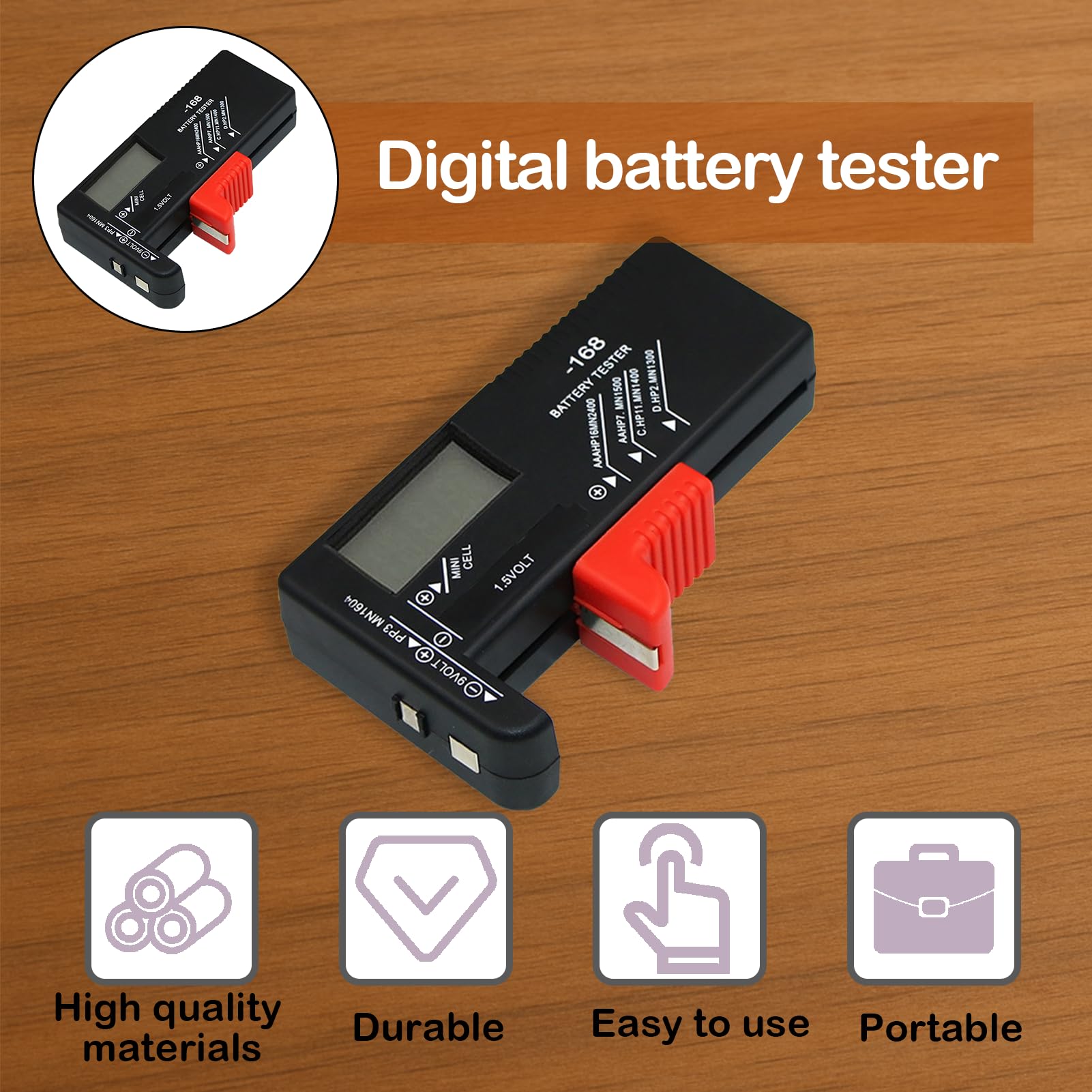 Testeur de Piles Universel Numérique BT-168D pour AA AAA C D 9V 1.5V Piles Bouton avec Ecran LCD