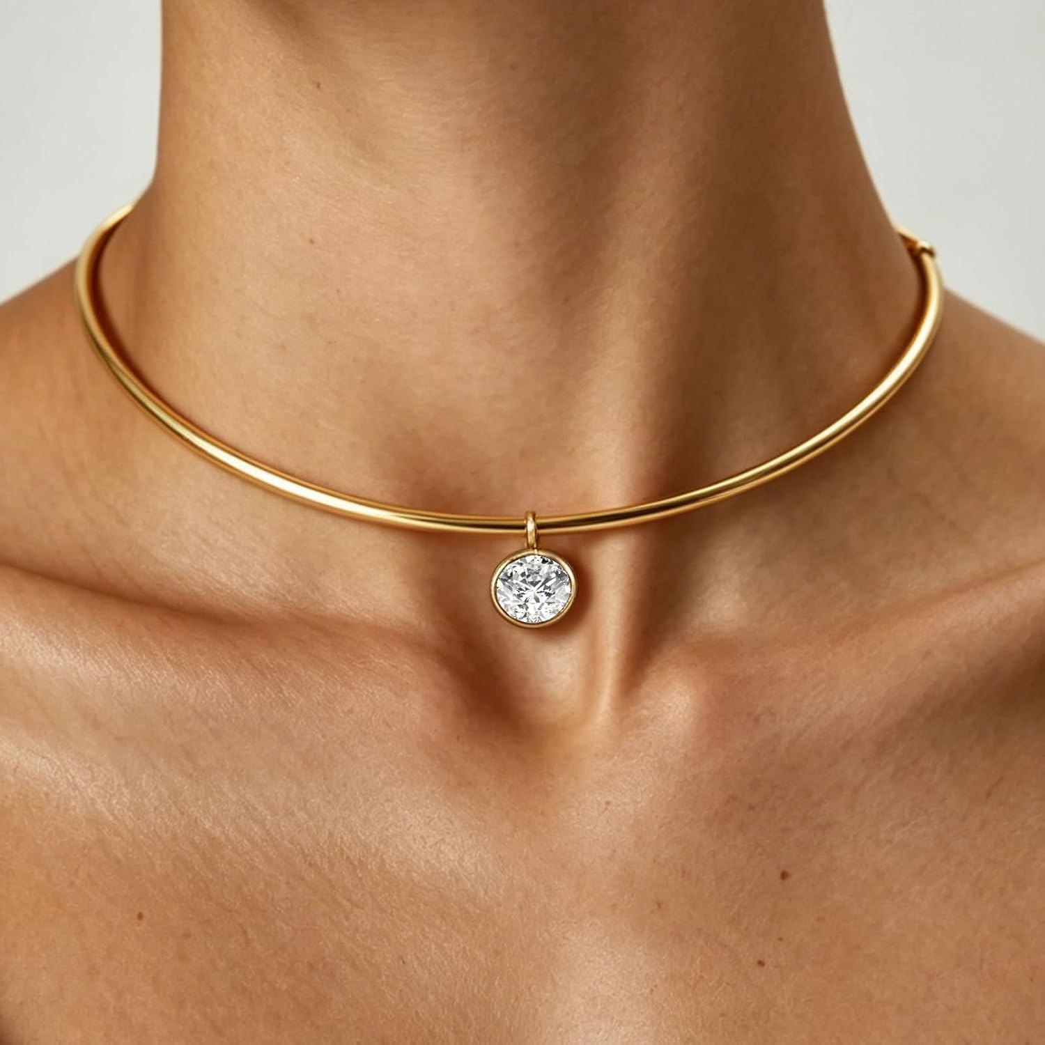 HANRESHE Gold Collar Choker Necklace For Women Charm Pendant Choker Necklace With Oval CZ Pendant Trendy Charm Jewelry