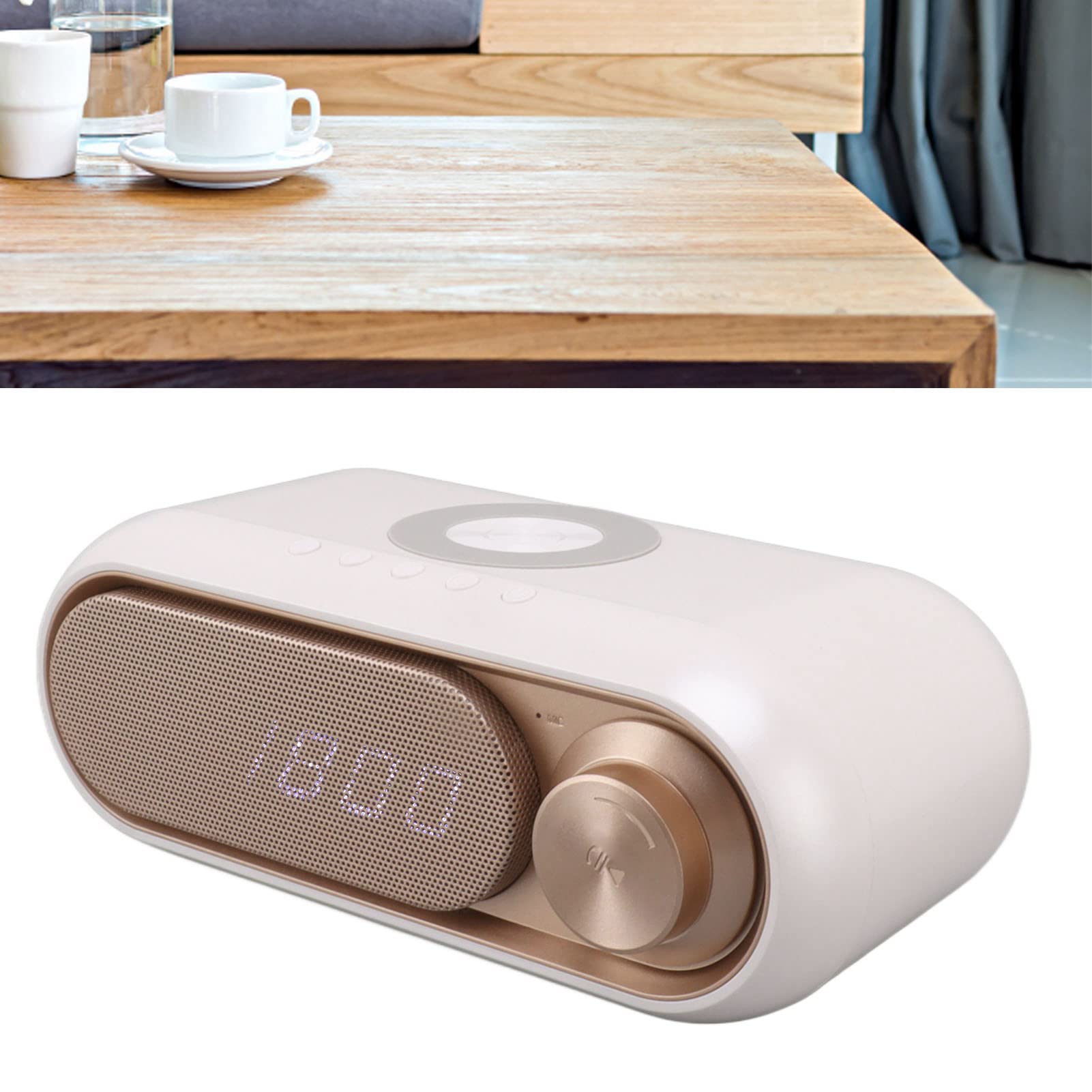 Reloj Despertador Digital, Radio Reloj Despertador con Altavoz Bluetooth de Carga Inalámbrica LED Reloj Despertador Digital Simple y Moderno Altavoz de Radio FM con Cargador (Spray Oro 10W)