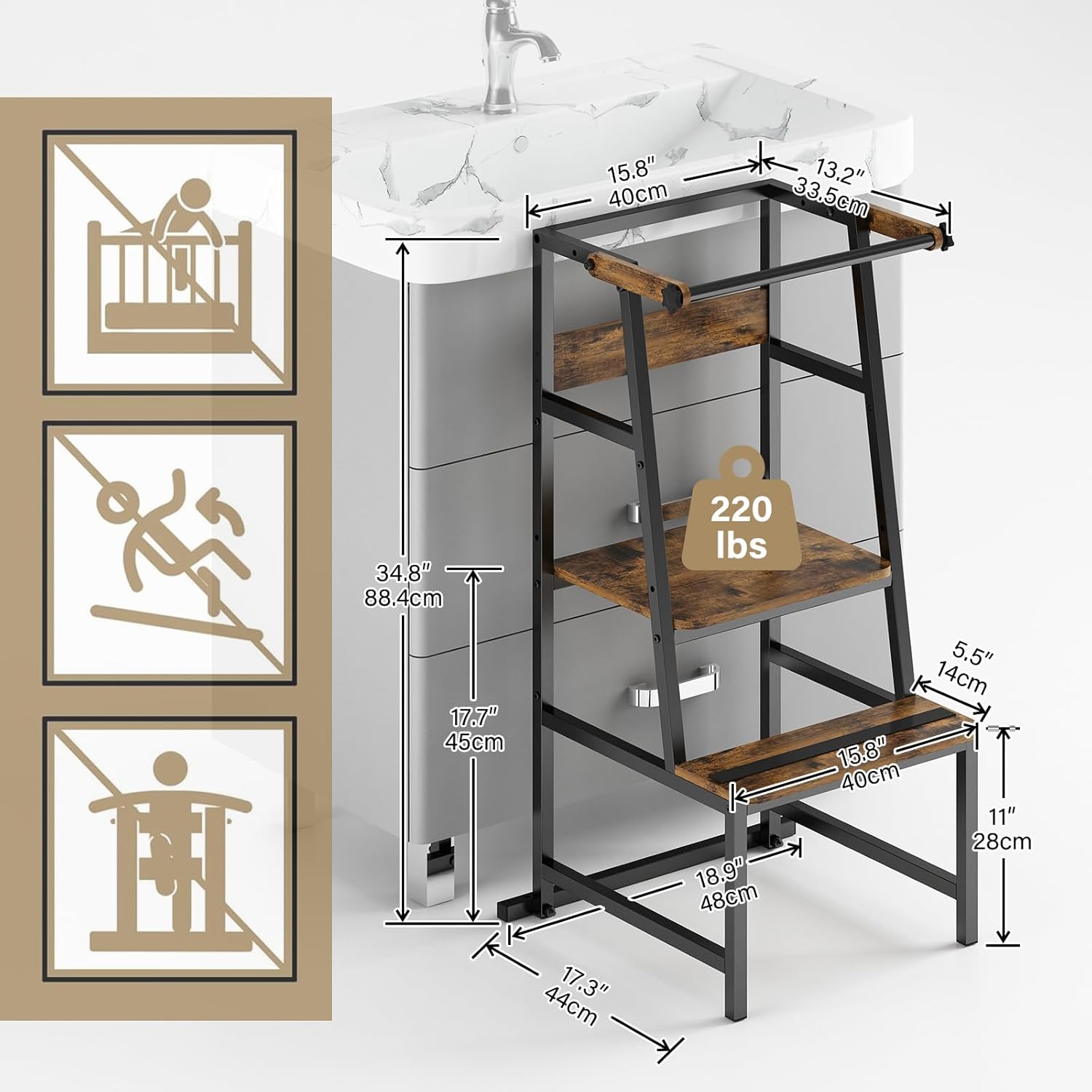 Wisdom Star Foldable Toddler Tower for Kitchen, Step Stool for Toddler Height Adjustable, Stool Helper with Safety Rail, Bathroom Kid Step Stool with Anti-Slip Protection, Counter Learning Tower