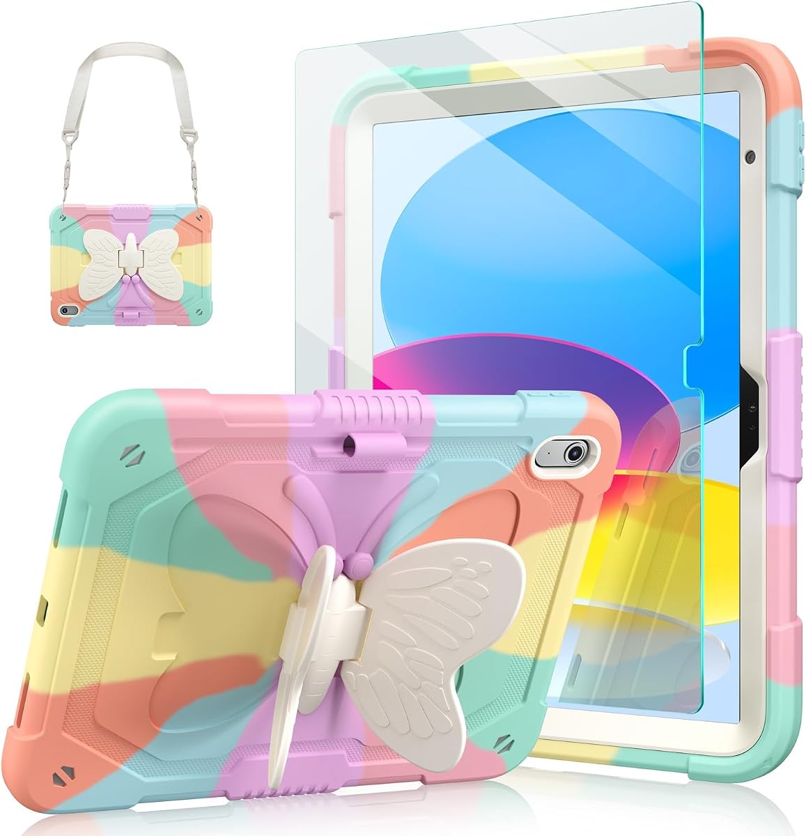 Ambison Kids Case for iPad A16 11th/10th Generation 11''/10.9'', Multicolor | 9H Tempered Glass Screen Protector, Butterfly Stand, Shoulder Strap, Heavy Duty,Shockproof, Pencil Holder