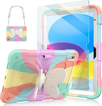 Ambison Case for iPad A16 11th/10th Generation 2025/2022 11/10.9 for Kids Girls with 9H Tempered Glass Screen Protector, Heavy Duty Protective with Butterfly Stand, Carrying Strap-Multicolor