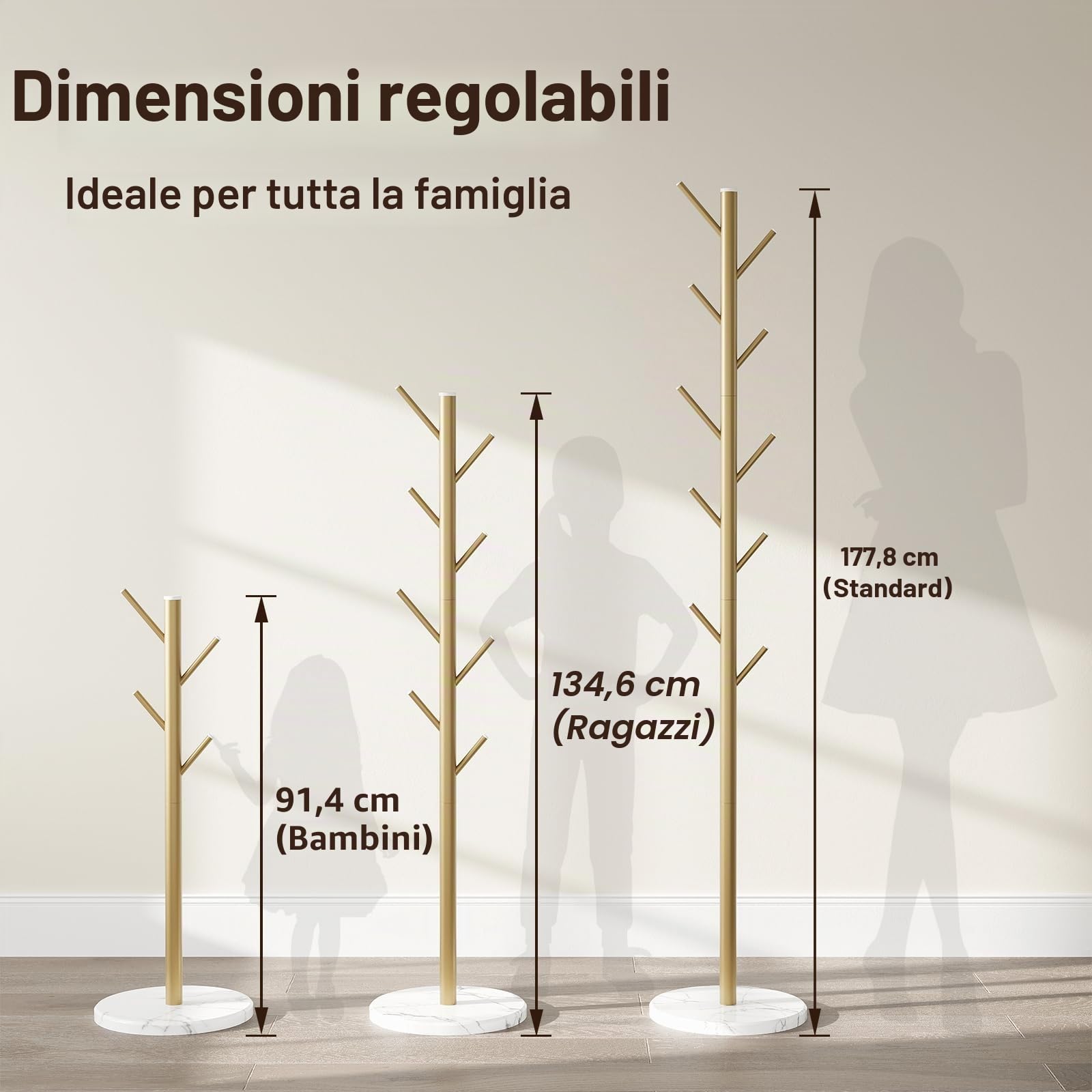 ELYKEN Appendiabiti con Base in Marmo Naturale, Appendiabiti Autoportante in Metallo con 8 ganci, 3 Dimensioni Regolabili, Robusto Albero Appendiabiti per Borse Cappotti Cappelli, Oro