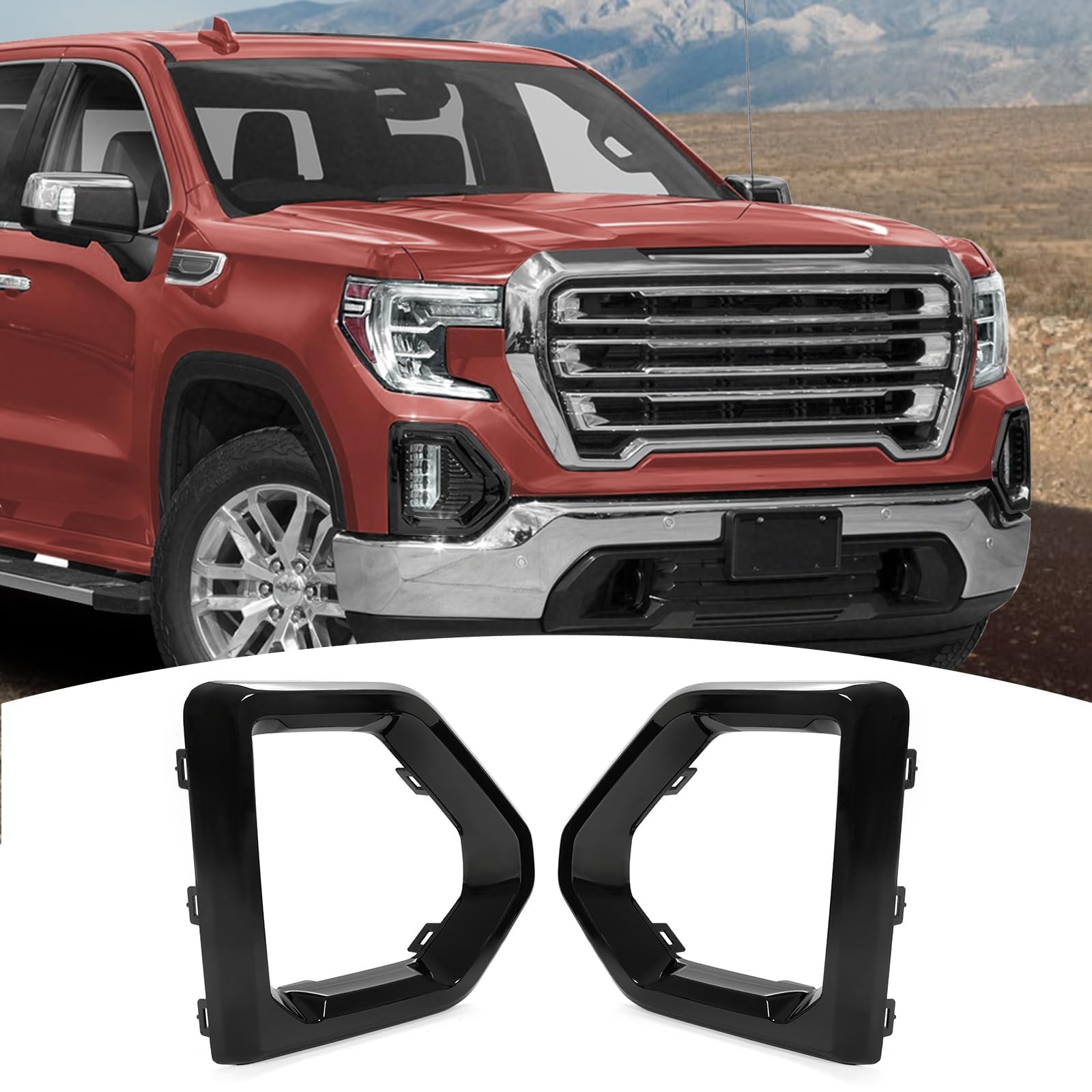 HECASA Pair Fog Light Trim Cover Compatible with 2019-2023 GMC Sierra 1500 AT4 Denali SLT Front Driving Surround Outer Bumper Frame Spot Fog Lamp Bezel Black Driver & Passenger Side