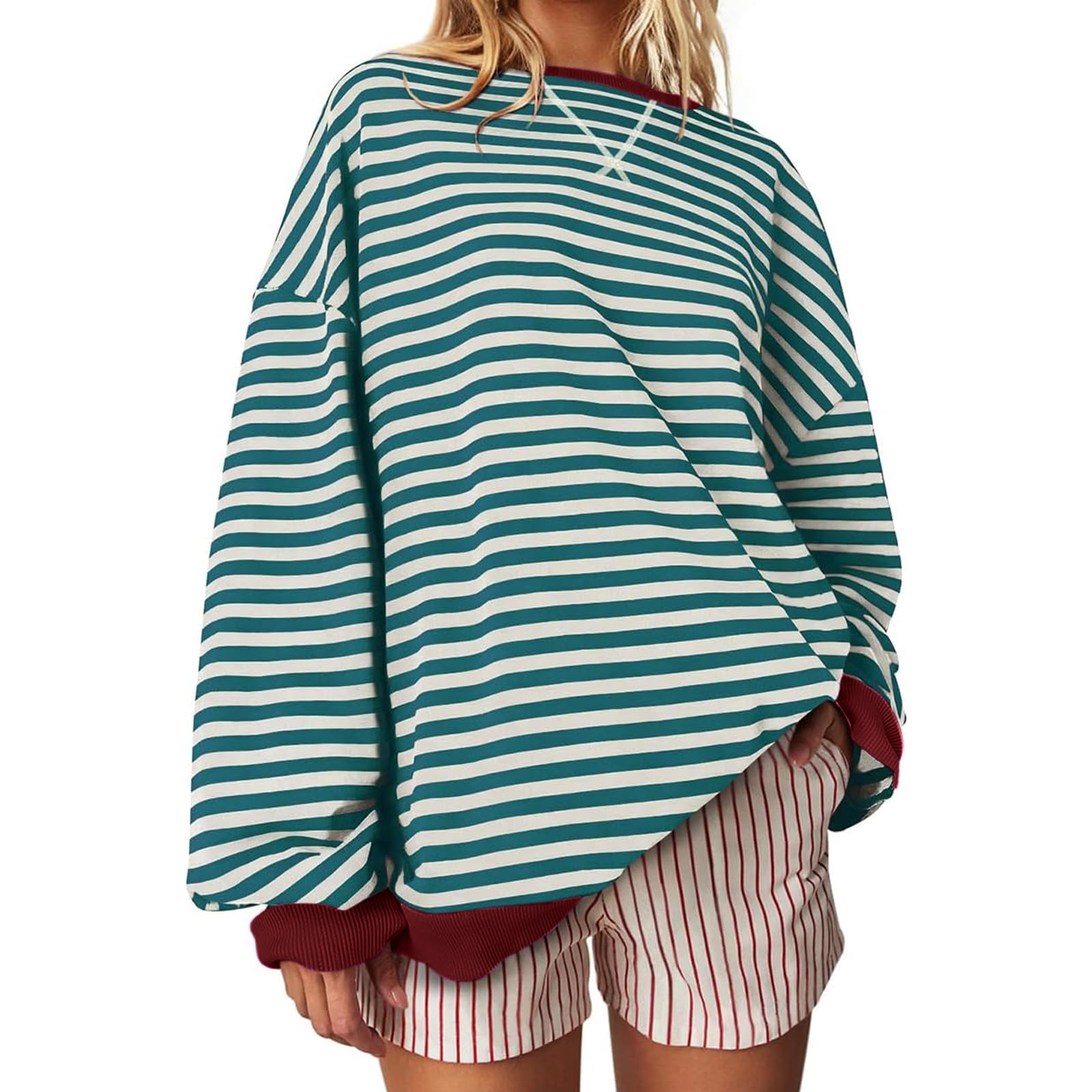 Sudadera de manga larga a rayas para mujer, casual, cuello redondo, con dobladillo de contraste en los puños