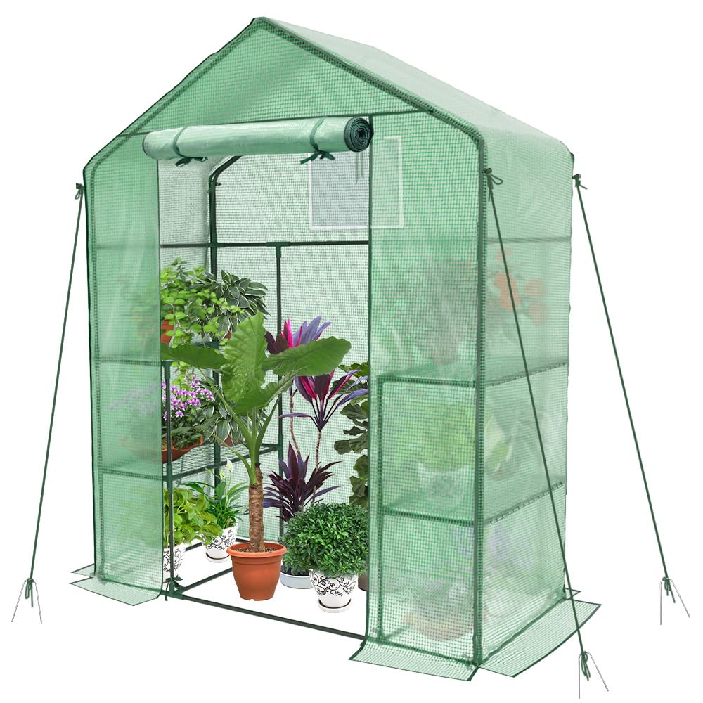 VOUNOT® Invernadero de Jardín 143x73x195 cm Vivero Casero Plantas Cultivo con Puerta Enrollable y Ventana, Invernadero Huerto Caseta de Jardín 4 Estantes para Plantas Macetas Flores, Verde