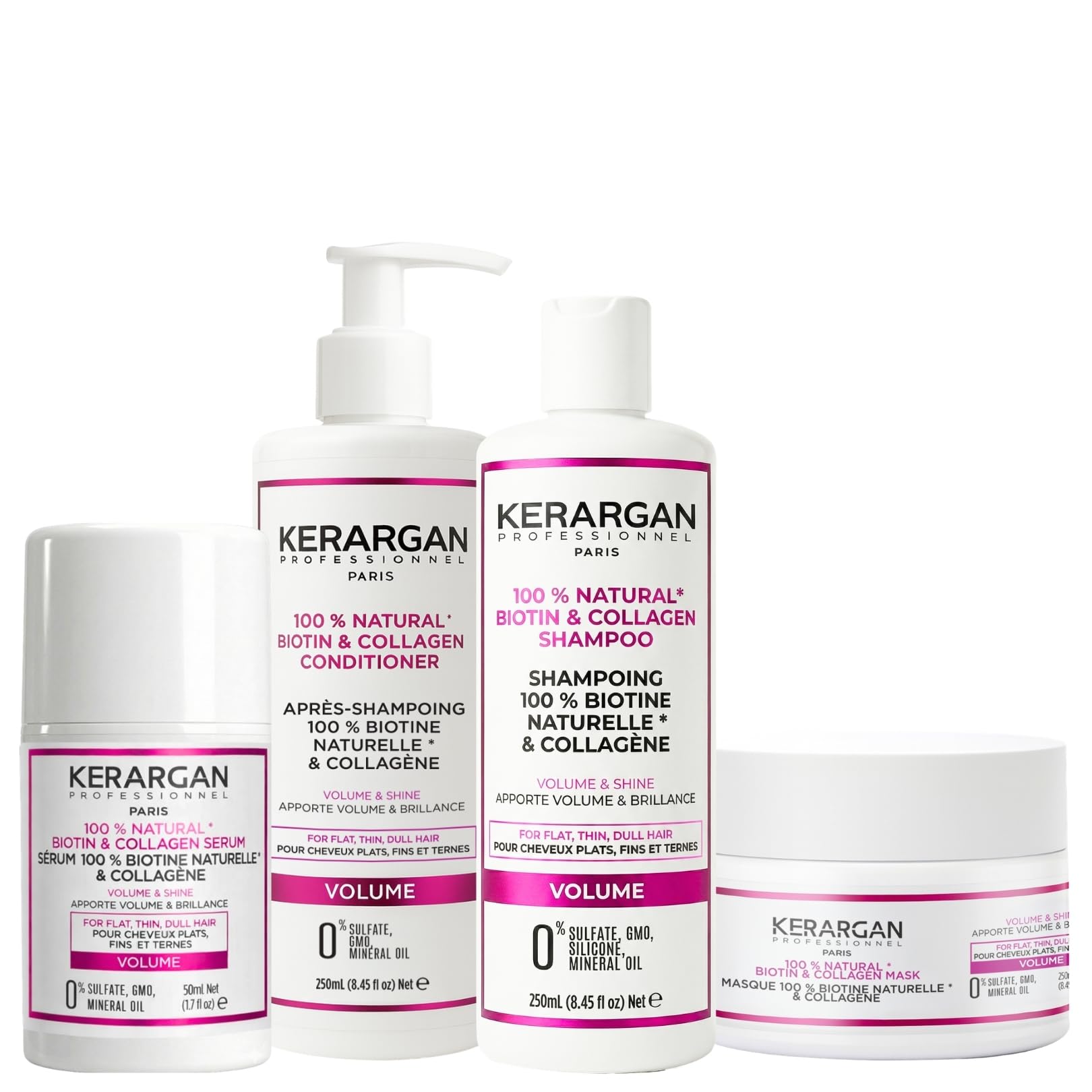 Kerargan - Biotin & Collagen Volumizing Shampoo, Conditioner, Mask & Serum Set for Flat, Fine and Dull Hair - Volume & Shine - Sulfate-Free & GMO-Free - 3x250ml + 1x50ml