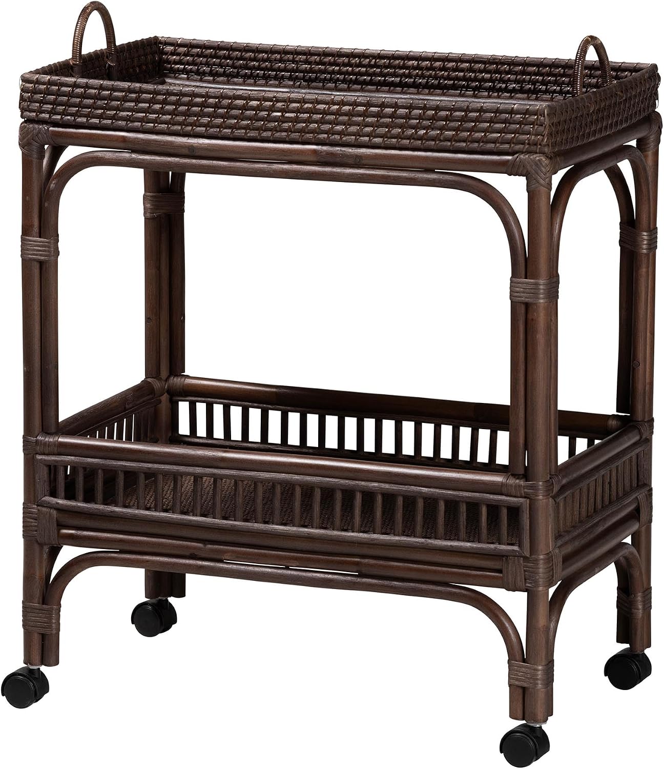 Bali & pari Lombok Natural Rattan Wine Cart - Handwoven Wicker 2-Tier Mobile Bar Cart with Raised Tray Top for Kitchen or Lounge, Espresso