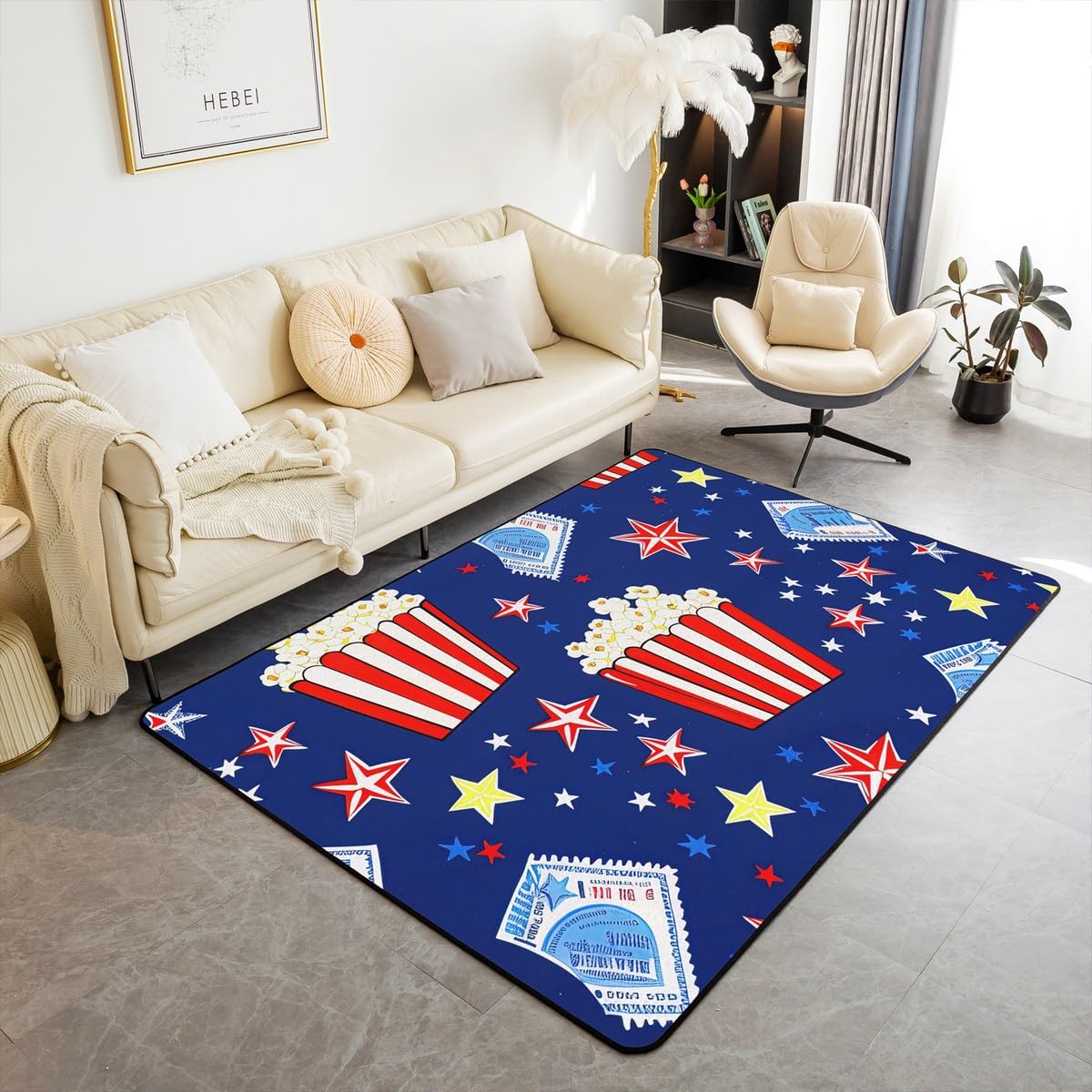 Erosebridal Popcorn Area Rug for Kids Boys Girls Teens,Movie Pop Corn Carpet 3x5,Colourful Star Movie Tickets Print Indoor Floor Mat,Cinema Movie