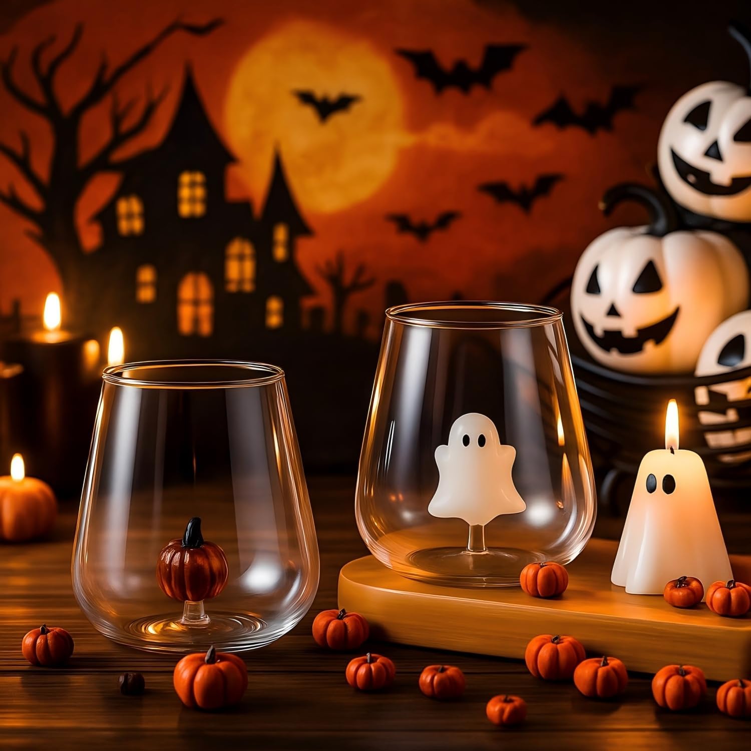 Reallnaive 2 Set Halloween Ghost and Pumpkin Stemless Wine Glass Halloween 12 oz Drinking Glasses for Dinner Party Birthday Holiday