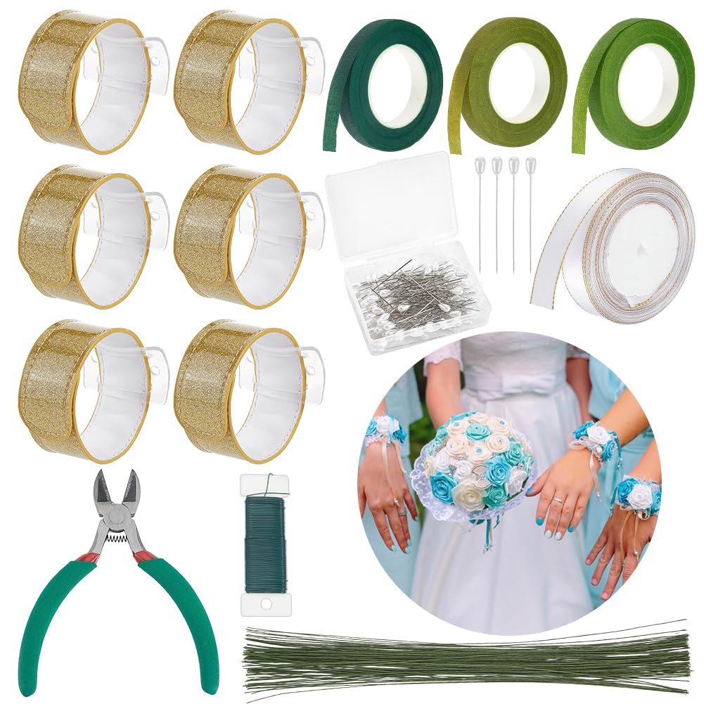 212Pcs Floral Tape and Boutonniere Kit DIY Wrist Cosage Making Kit with 6Pcs Pu Leather Wrist Corsage Bracelets Floral Wire Cutter Floral Tape Pin Ribbon for Wedding Party Bouquets