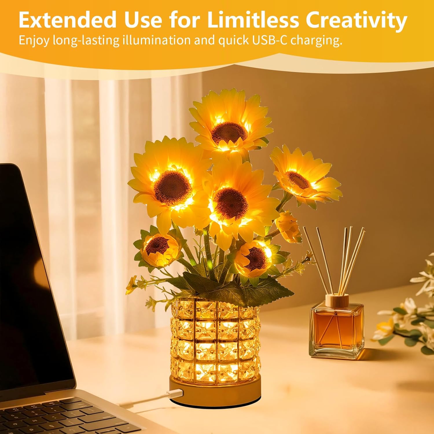 Sunflower LED Lamp,USB Rechargeable Touch Night Light, 3 Color Stepless Dimmable,Small Battery Flower Decor for Bedroom, Restaurant, Bar – Birthday, Mother’s Day,Wedding Gifts for Women,Mom
