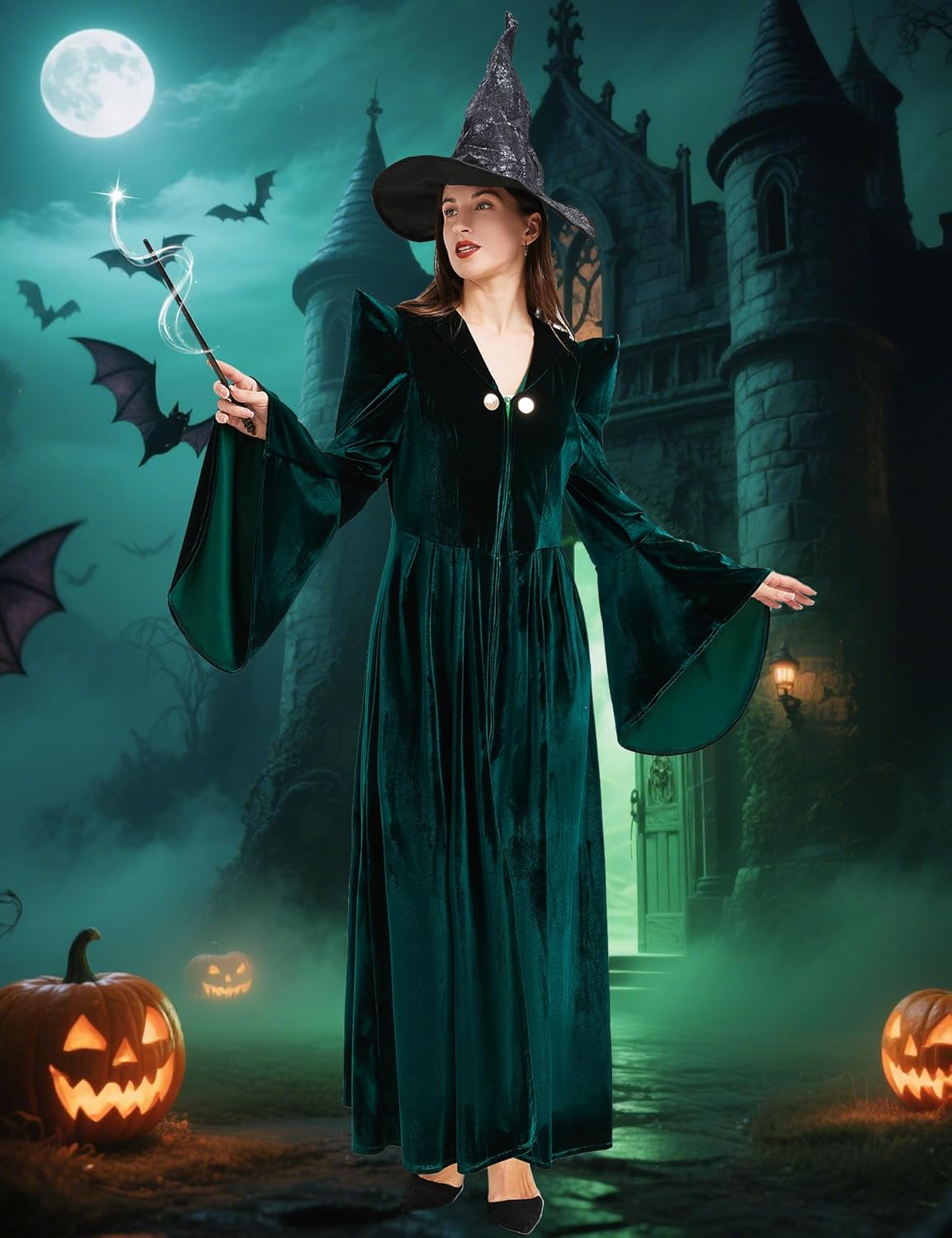 Professor Witch Costume Adult Women Dark Green Velvet Dress Wizard Plus Size Costumes Outfit for Halloween Cosplay