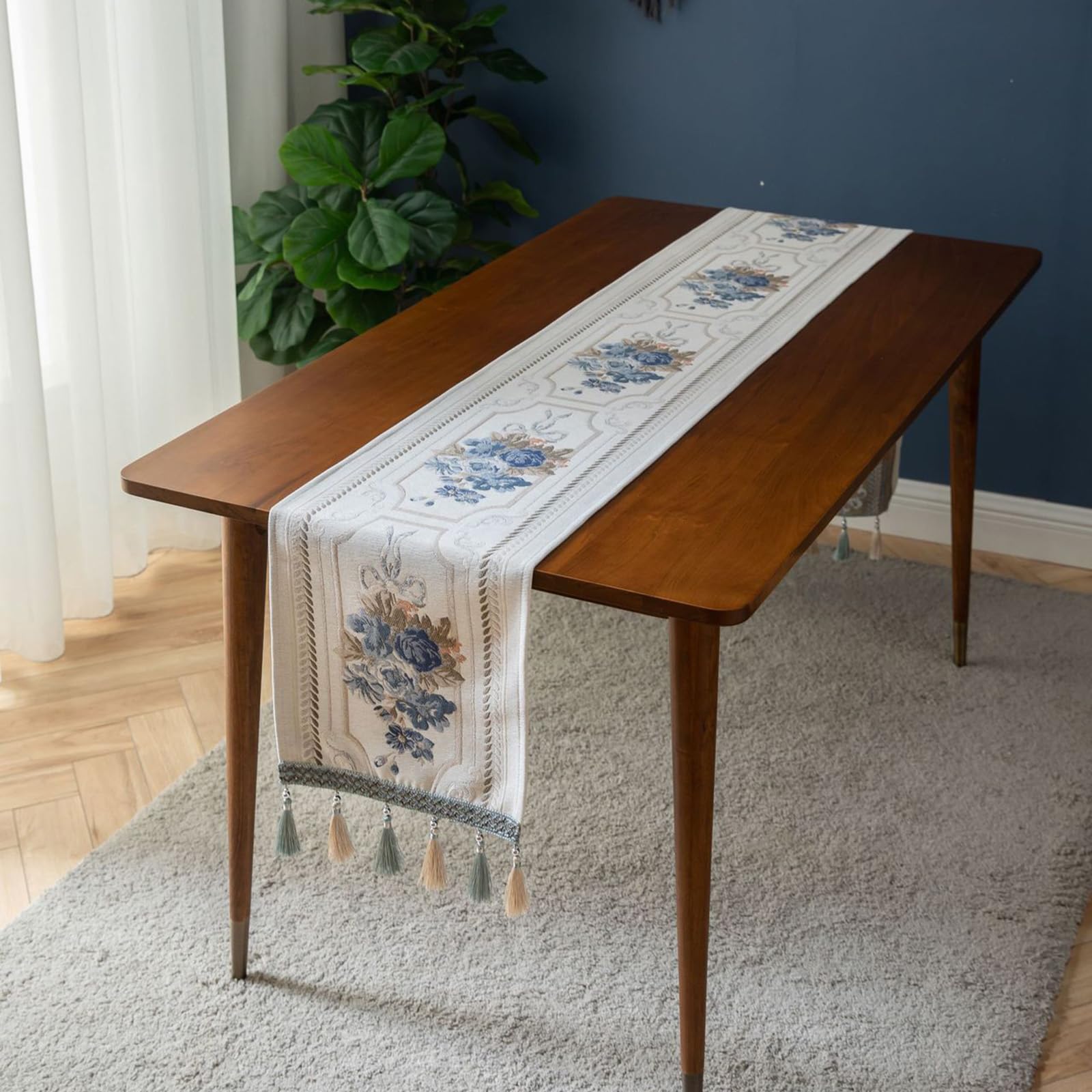 Luxus Tischläufer mit Multi-Quasten, Lange Elegante Stickerei Jacquard Tischläufer Kommode Schal für Esszimmer Party Bankett Couchtisch, Weiß, 32x300cm